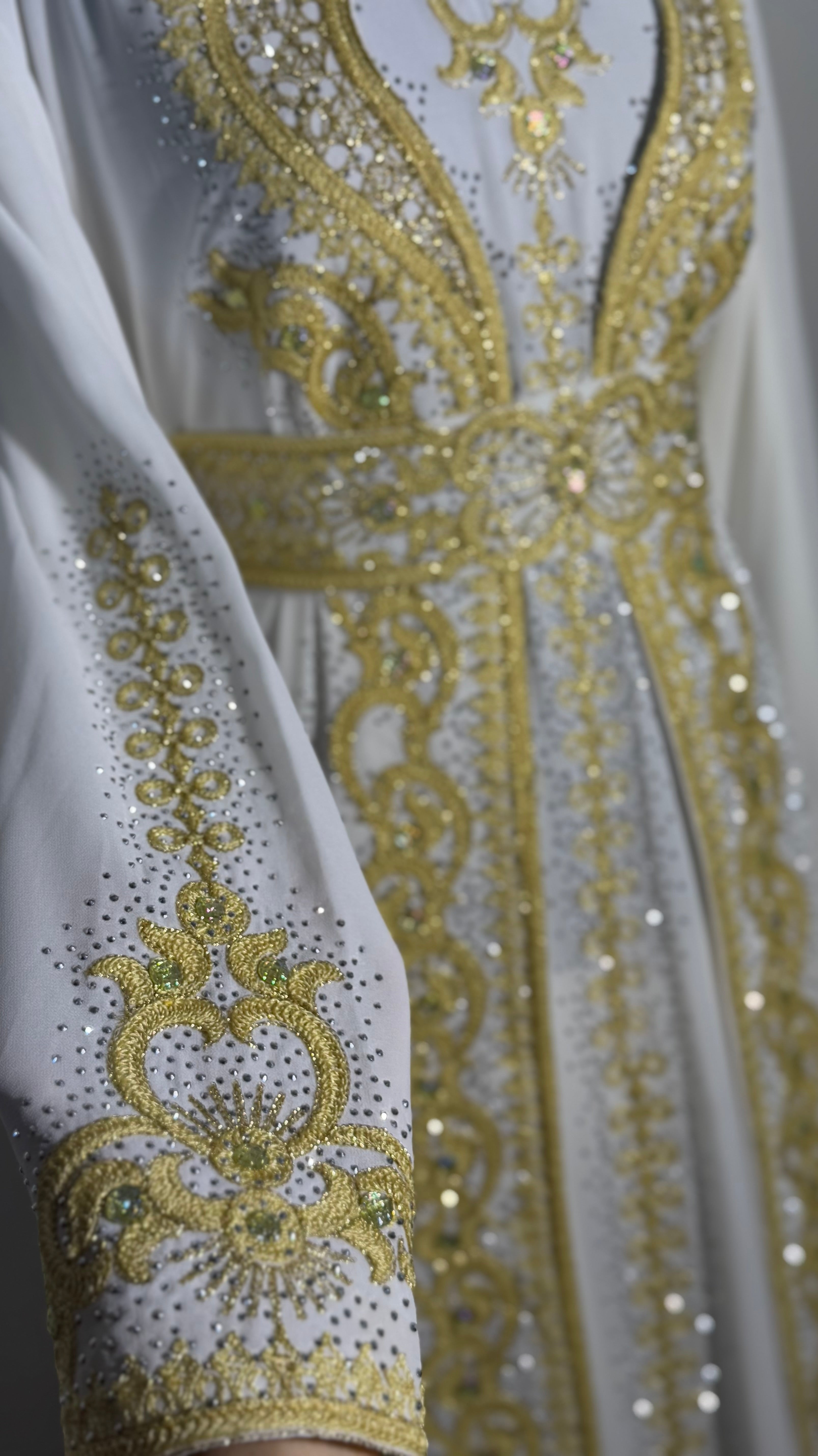 Luxury White & Gold Kaftan | Hand Embellished Moroccan Dress | Elegant Eid Wedding Abaya | Modest Maxi Dress with Belt