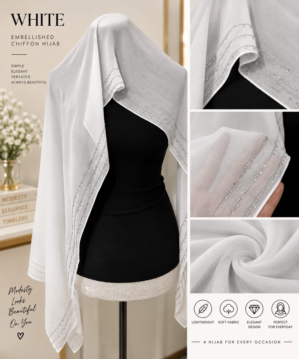 Luxury Textured Chiffon Hijab with Delicate Crystal Edge Elegant Lightweight Women’s Scarf