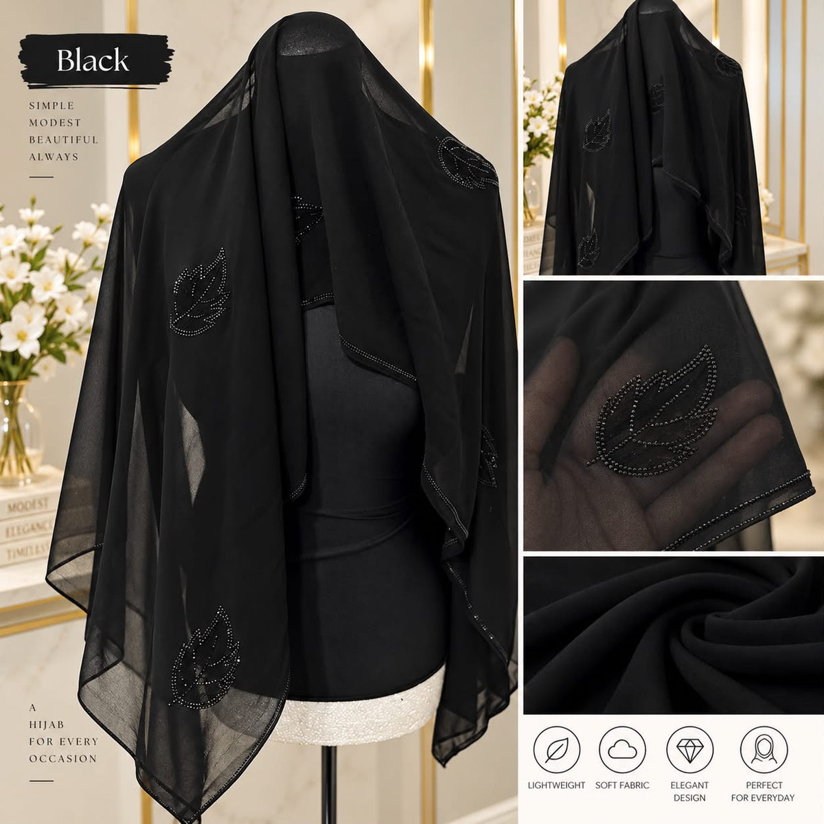 Black Chiffon Hijab with Crystal Leaf Motif Embellishment