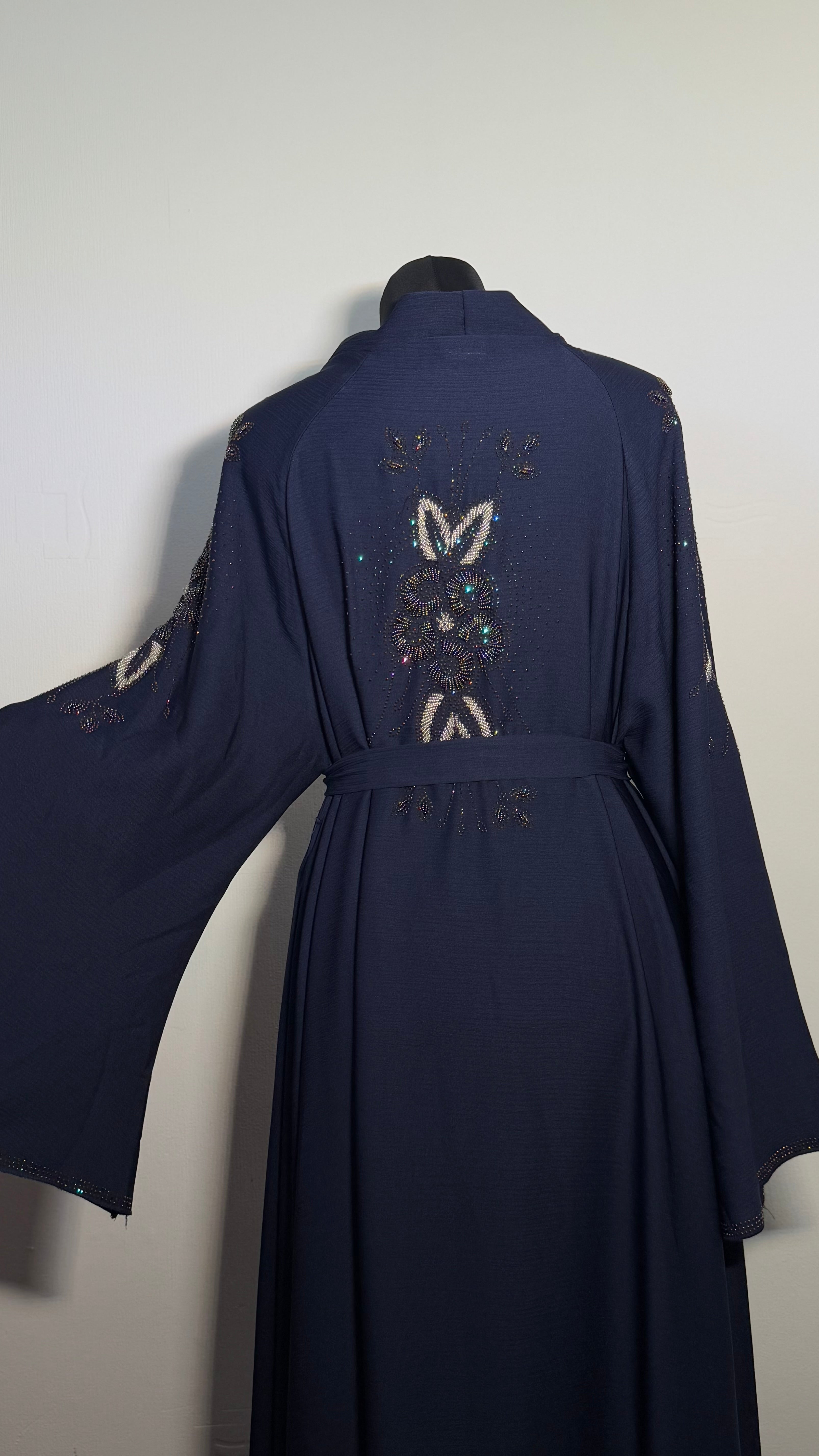 Navy Blue Crystal Abaya Free Size | Elegant Beaded Modest Dress | Luxury Kaftan with Back Sleeve Detail | Eid & Evening Wear