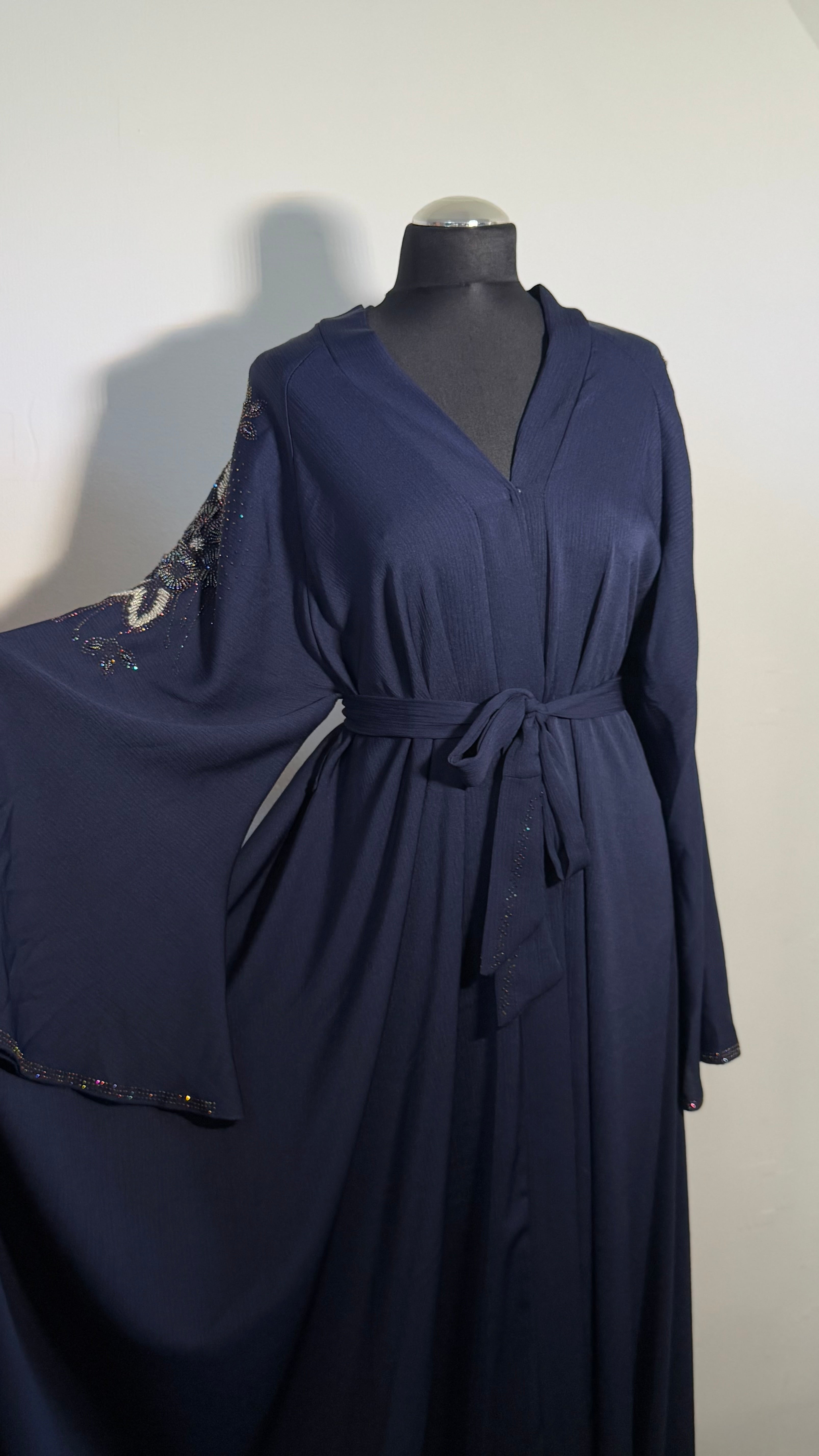 Navy Blue Crystal Abaya Free Size | Elegant Beaded Modest Dress | Luxury Kaftan with Back Sleeve Detail | Eid & Evening Wear