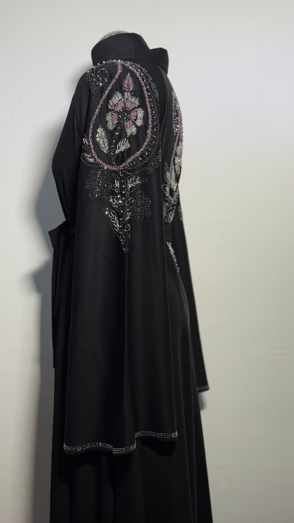 Luxury Black Beaded Abaya Free Size | Elegant Modest Dress | Crystal Embroidered Kaftan | Eid Evening Abaya