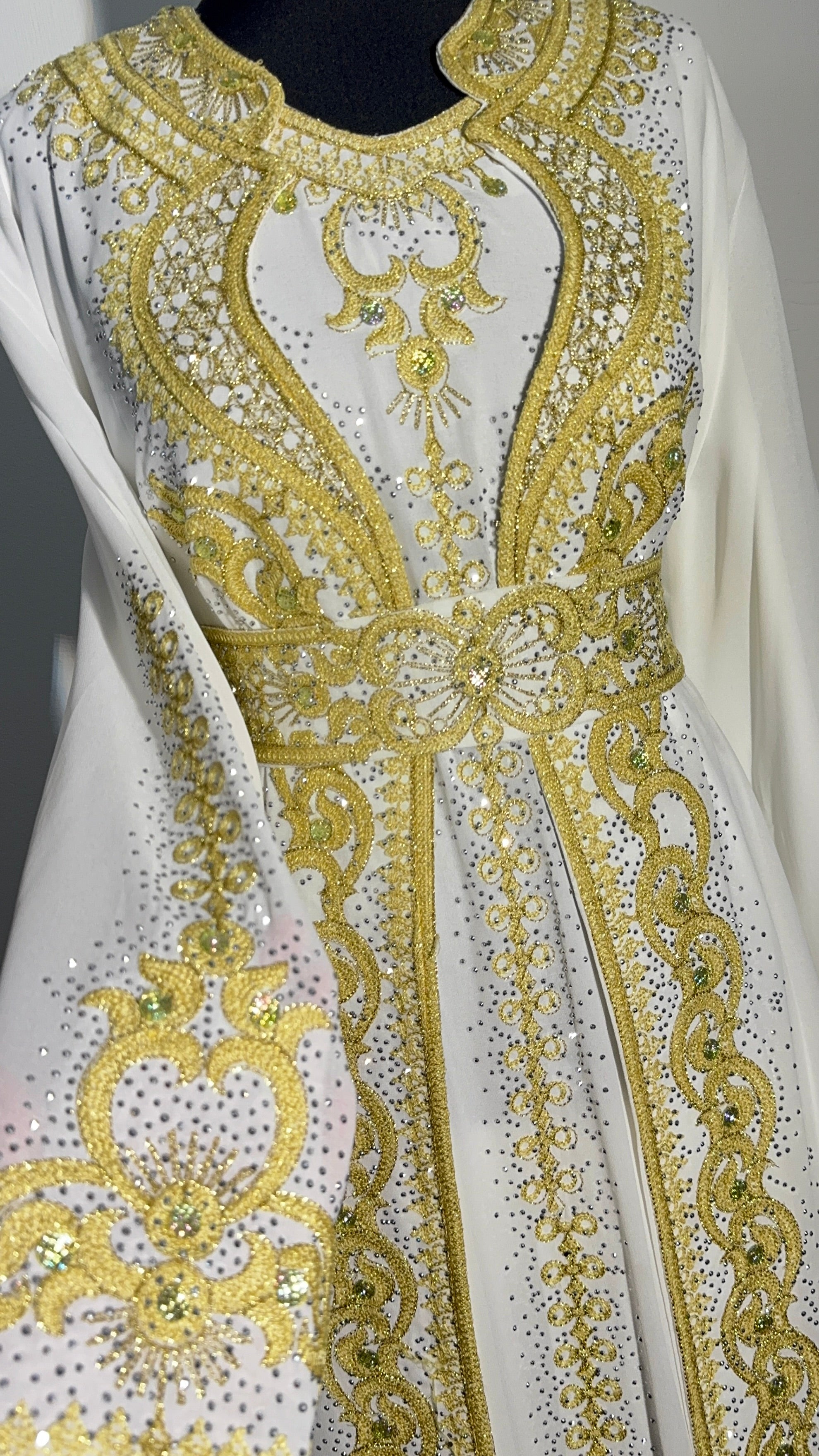 Luxury White & Gold Kaftan | Hand Embellished Moroccan Dress | Elegant Eid Wedding Abaya | Modest Maxi Dress with Belt