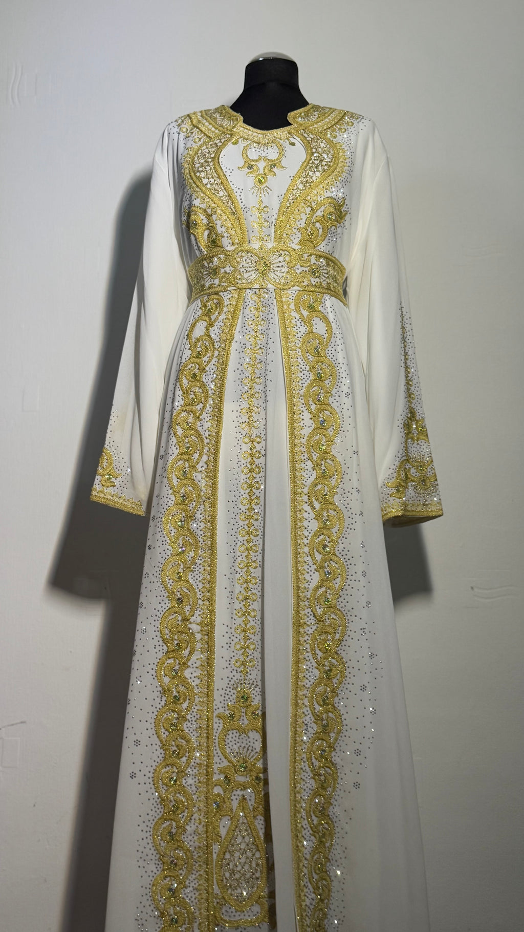 Luxury White & Gold Kaftan | Hand Embellished Moroccan Dress | Elegant Eid Wedding Abaya | Modest Maxi Dress with Belt