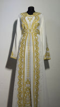 Luxury White & Gold Kaftan | Hand Embellished Moroccan Dress | Elegant Eid Wedding Abaya | Modest Maxi Dress with Belt