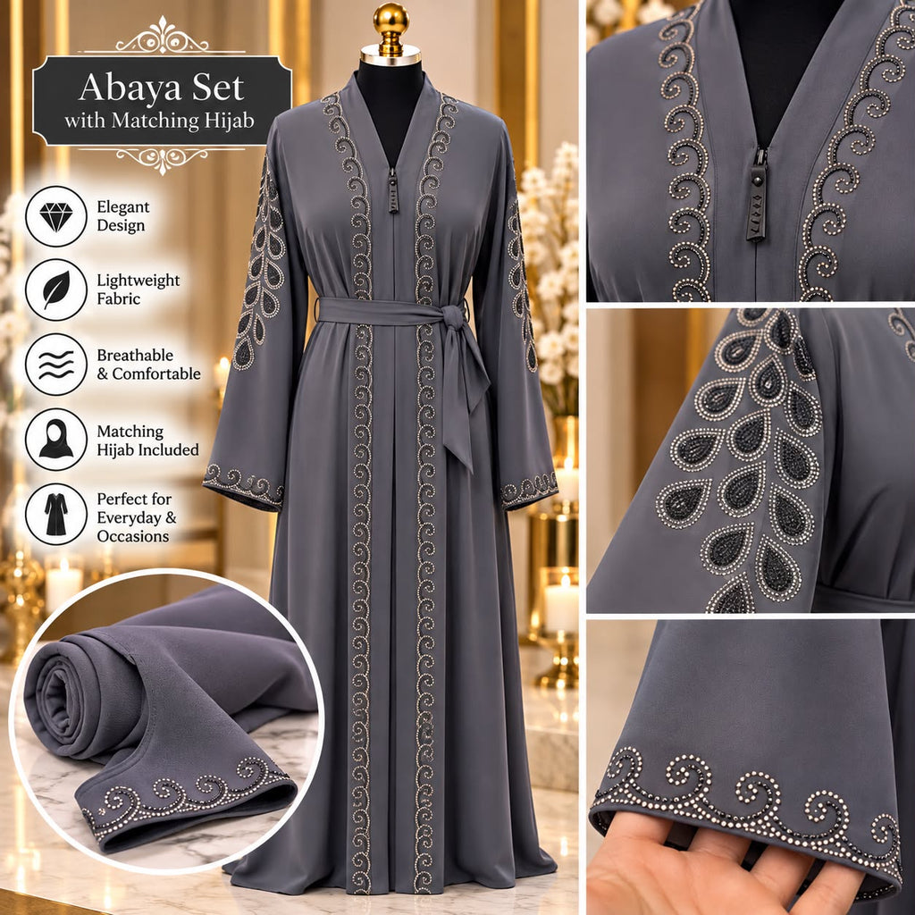 Embellished Abaya with Matching Black Hijab – Rhinestone Detail Belted Open Abaya