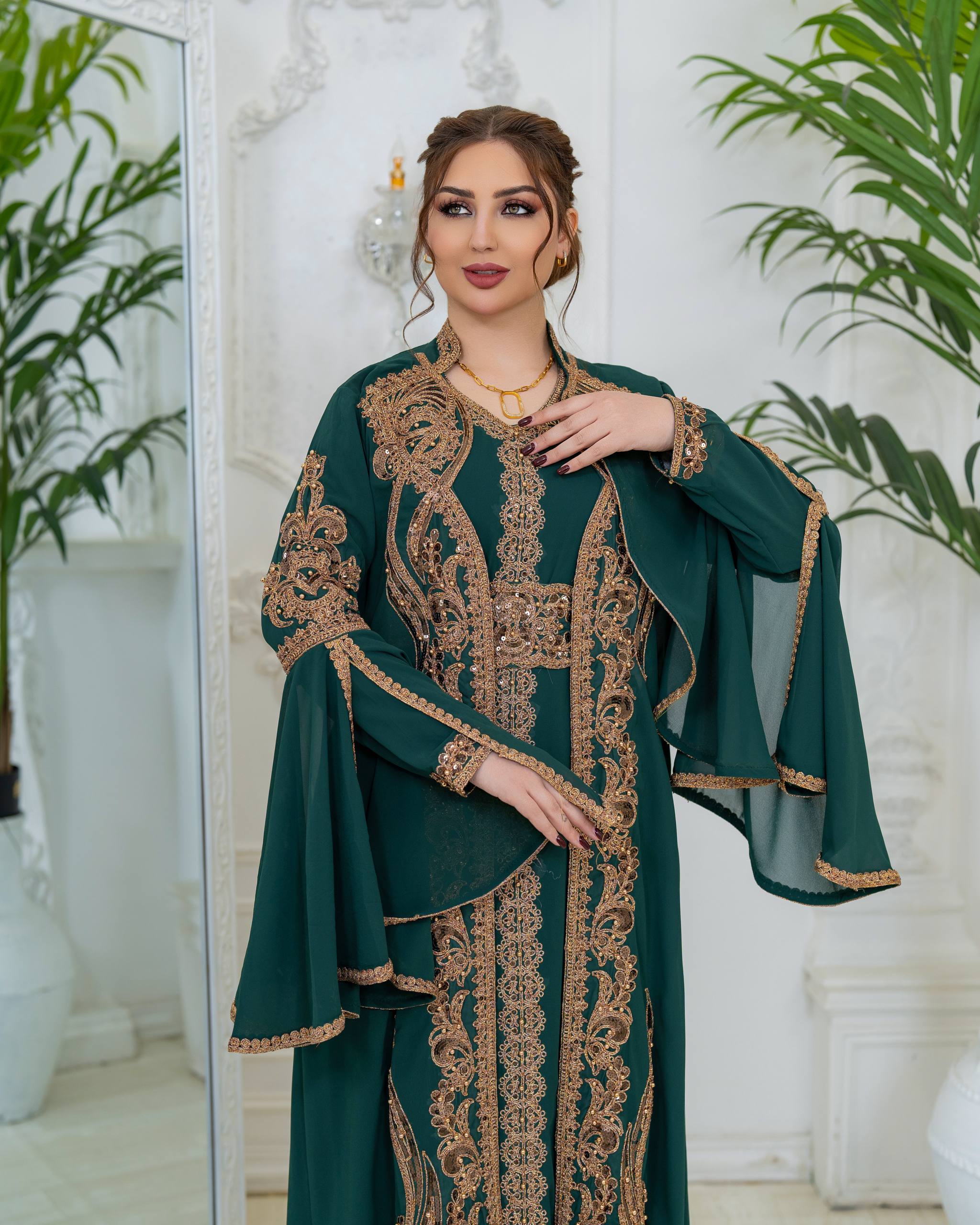 Luxury Crepe Kaftan Set | Crystal Belt, Modest Islamic Gown