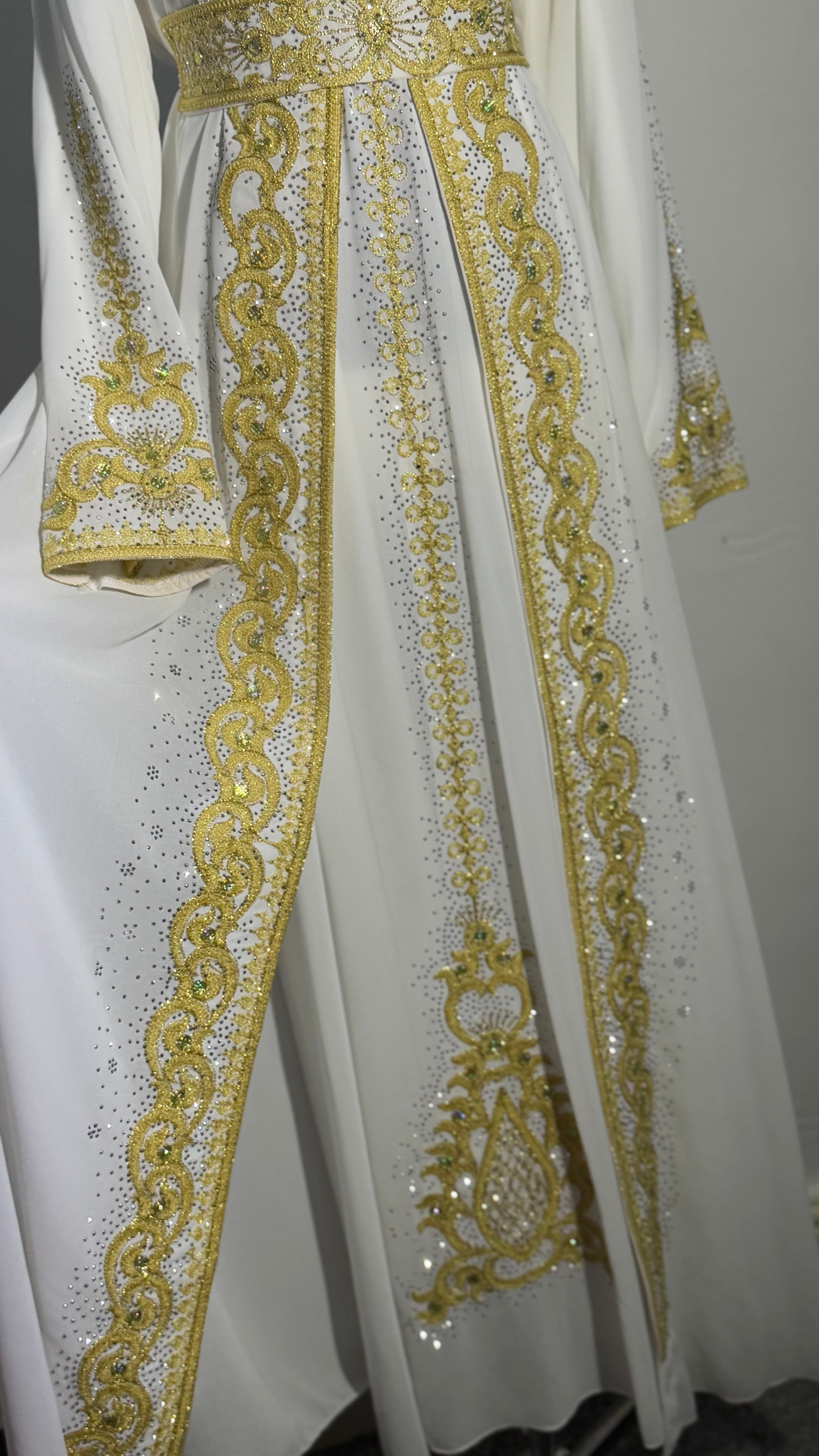 Luxury White & Gold Kaftan | Hand Embellished Moroccan Dress | Elegant Eid Wedding Abaya | Modest Maxi Dress with Belt