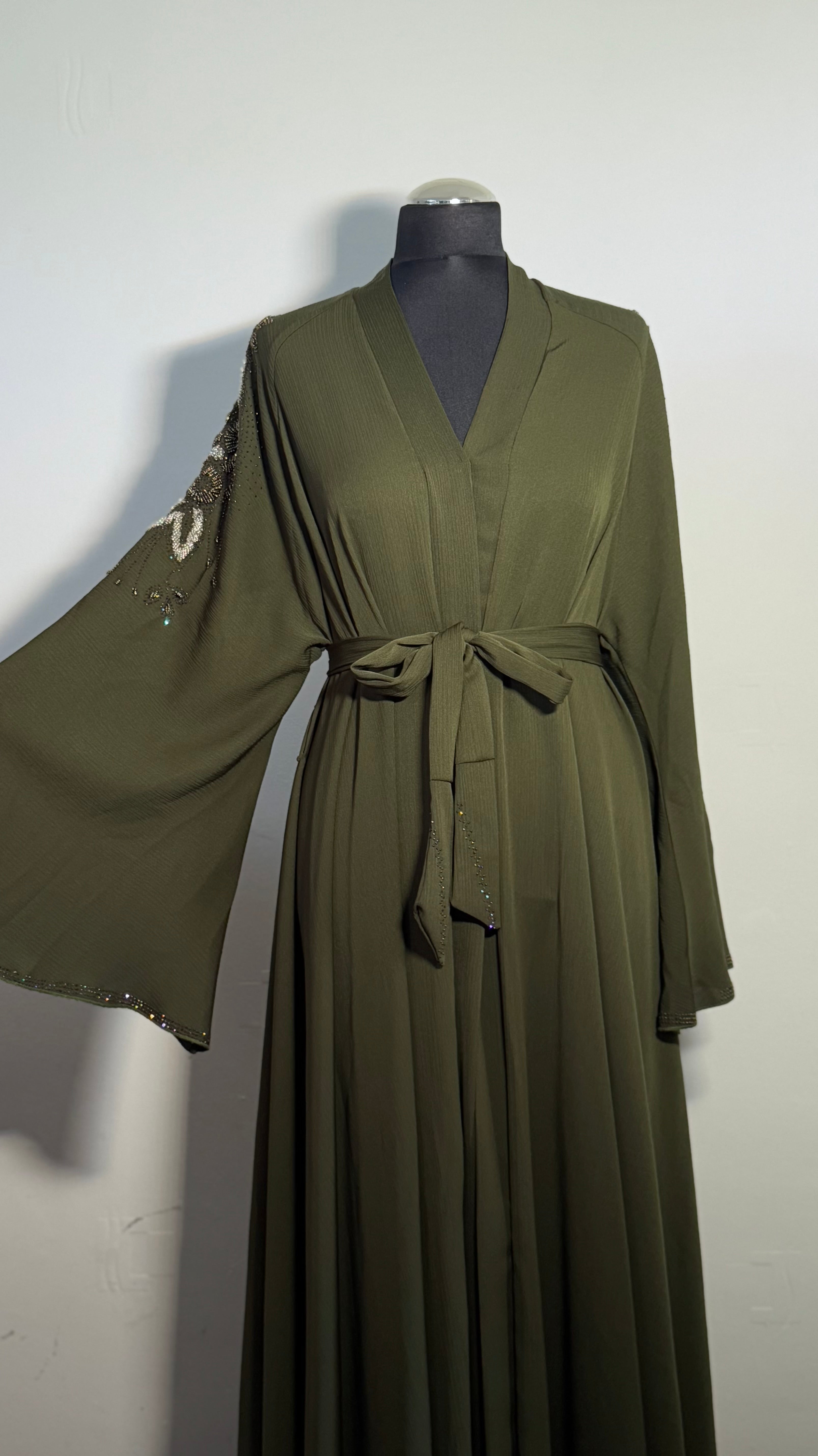 Olive Green Crystal Abaya Free Size | Elegant Beaded Modest Dress | Luxury Kaftan with Back & Sleeve Detail | Eid Evening Wear
