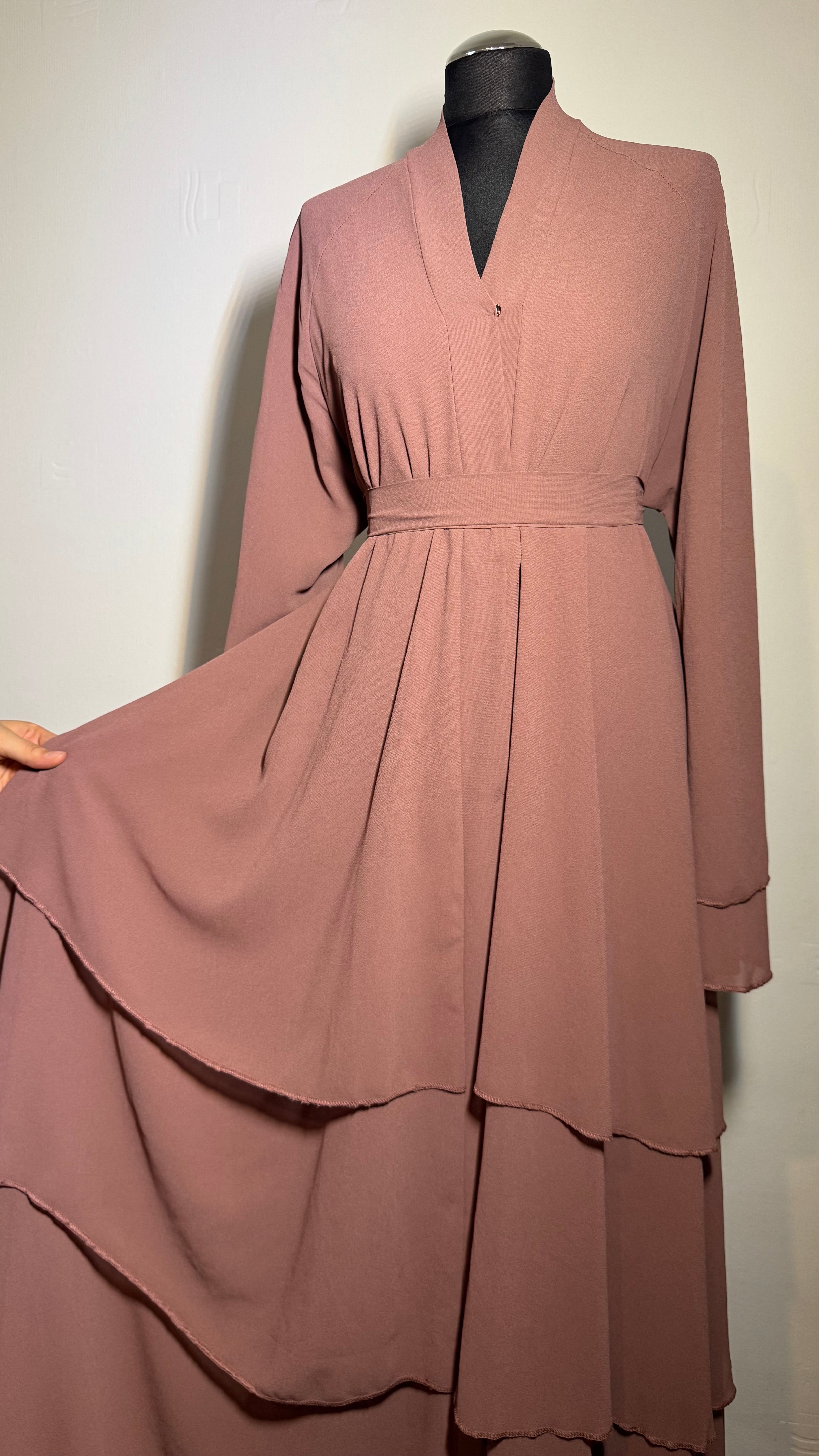 Dress for Women – Chiffon Abaya with Layered Sleeves, Leopard Print, Dusty Rose & Black, Free Size