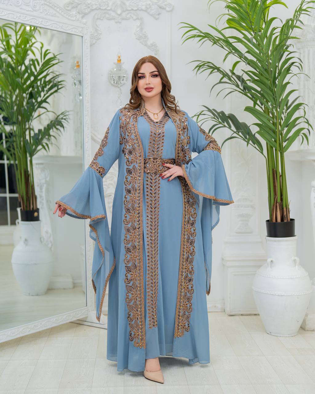 Luxury Crepe Kaftan Set | Crystal Belt, Modest Islamic Gown
