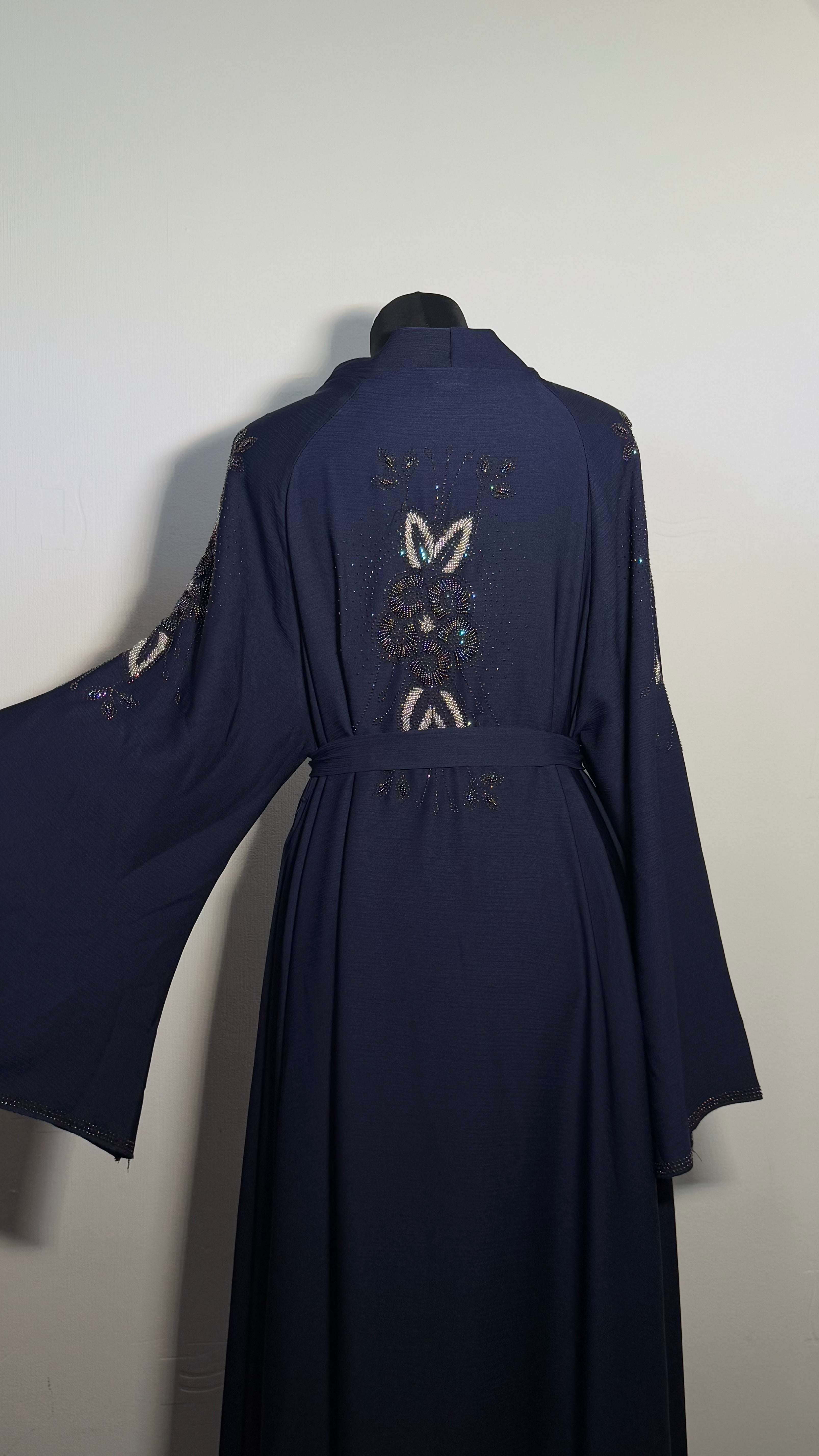 Navy Blue Crystal Abaya Free Size | Elegant Beaded Modest Dress | Luxury Kaftan with Back Sleeve Detail | Eid & Evening Wear