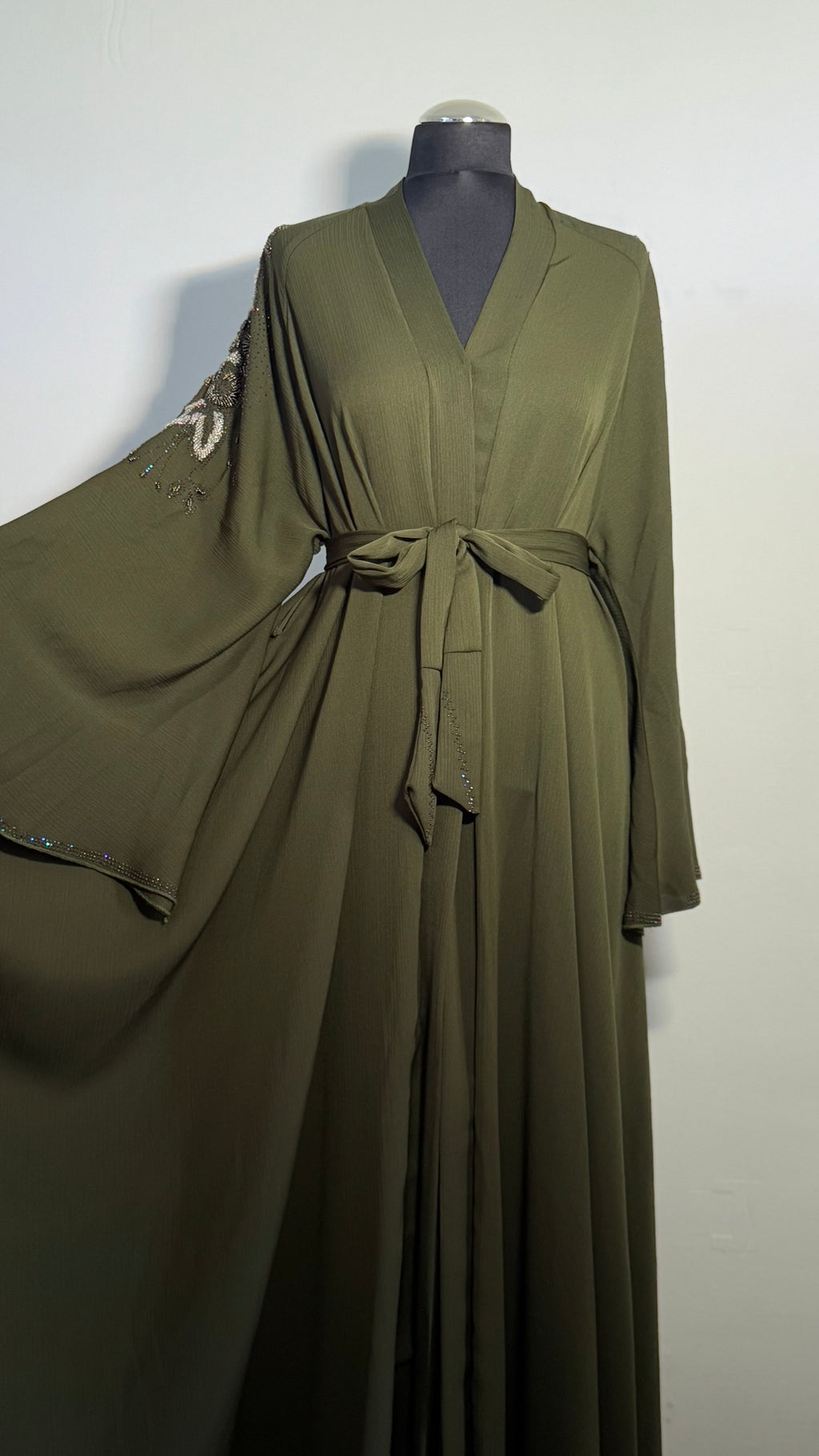 Olive Green Crystal Abaya Free Size | Elegant Beaded Modest Dress | Luxury Kaftan with Back & Sleeve Detail | Eid Evening Wear