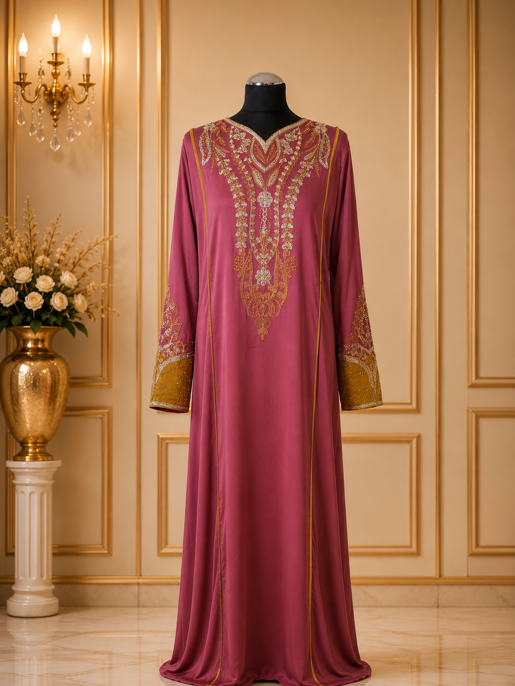 Luxury Embroidered Jalabiya Maxi Dress for Women – Dubai Kaftan Abaya Arabic Evening Dress – Modest Party & Eid Wear
