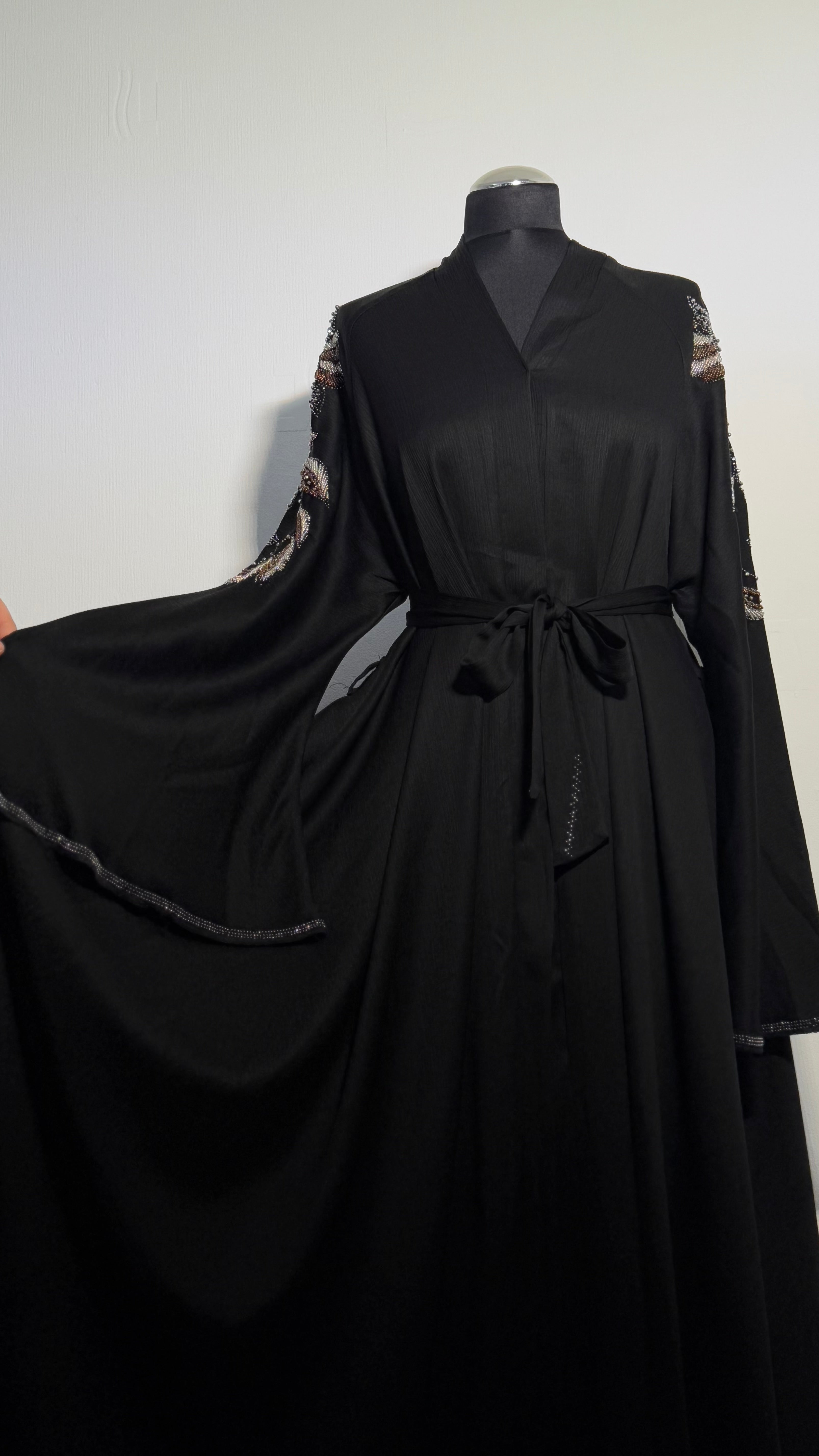 Luxury Black Beaded Abaya Free Size | Elegant Modest Dress | Crystal Embroidered Kaftan | Eid Evening Abaya