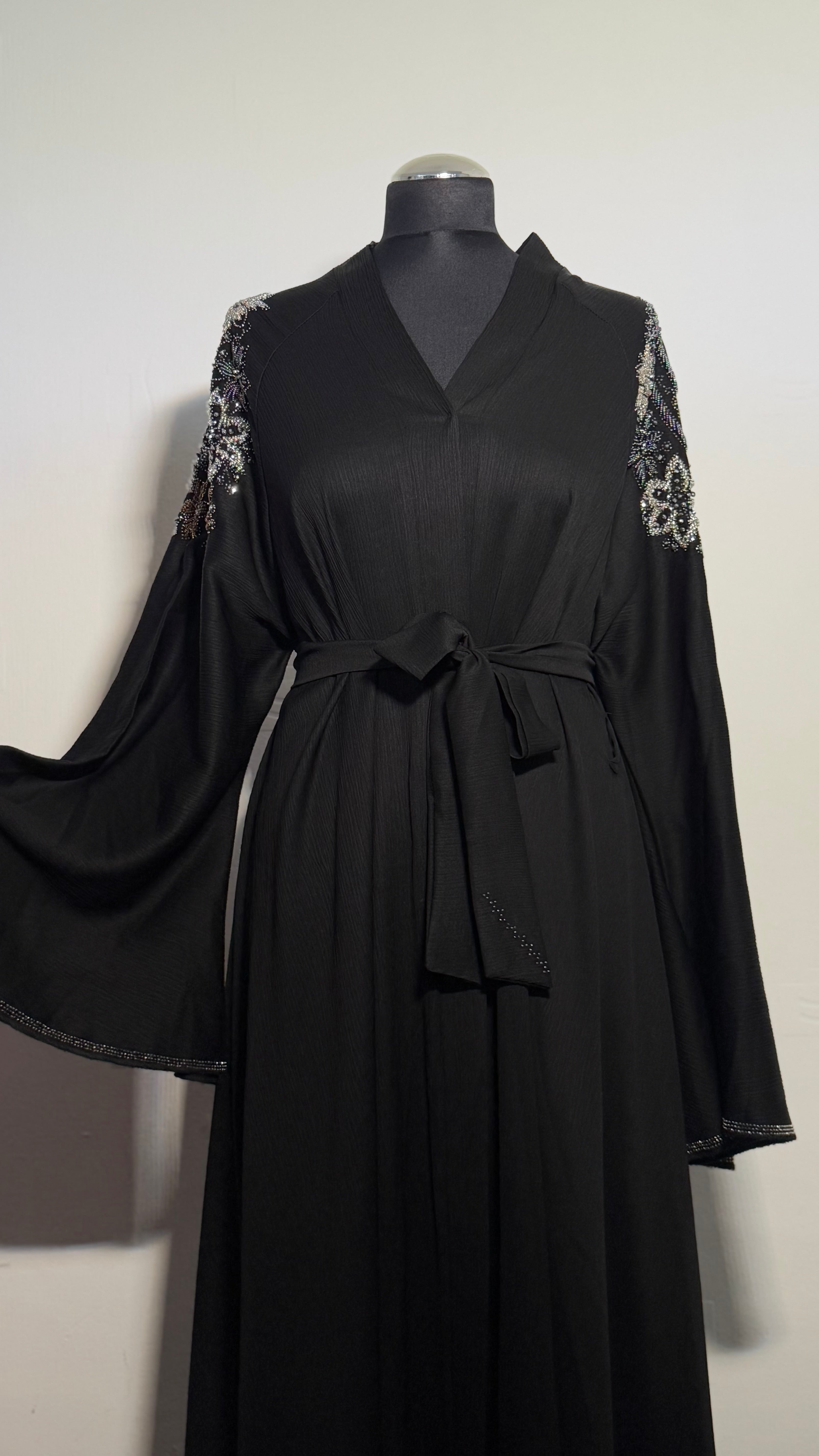 Luxury Black Beaded Abaya Free Size | Elegant Modest Dress | Crystal Embroidered Kaftan | Eid Evening Abaya