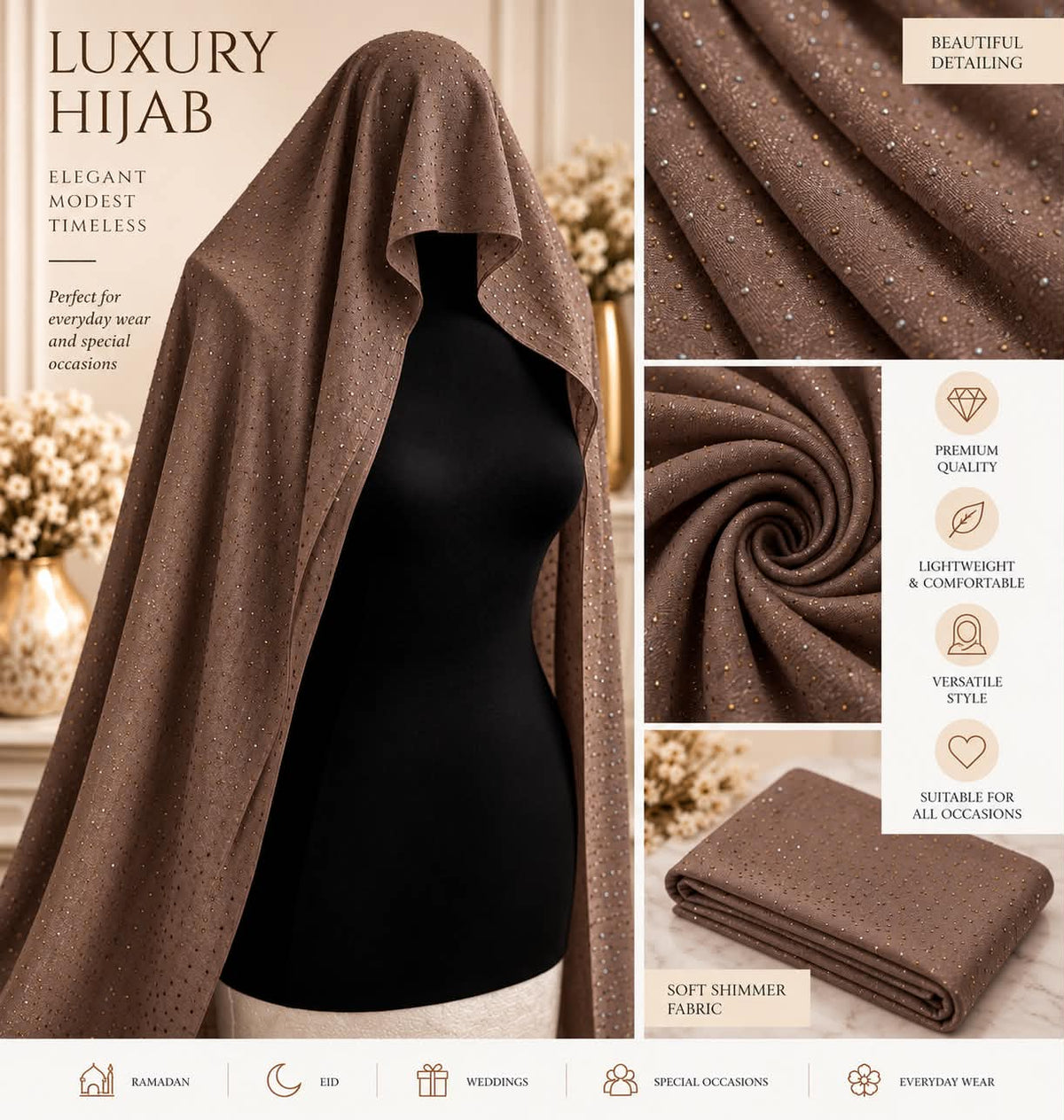 Luxury Shimmer Rhinestone Hijab Scarf  Sparkle Occasion   Everyday Headscarf