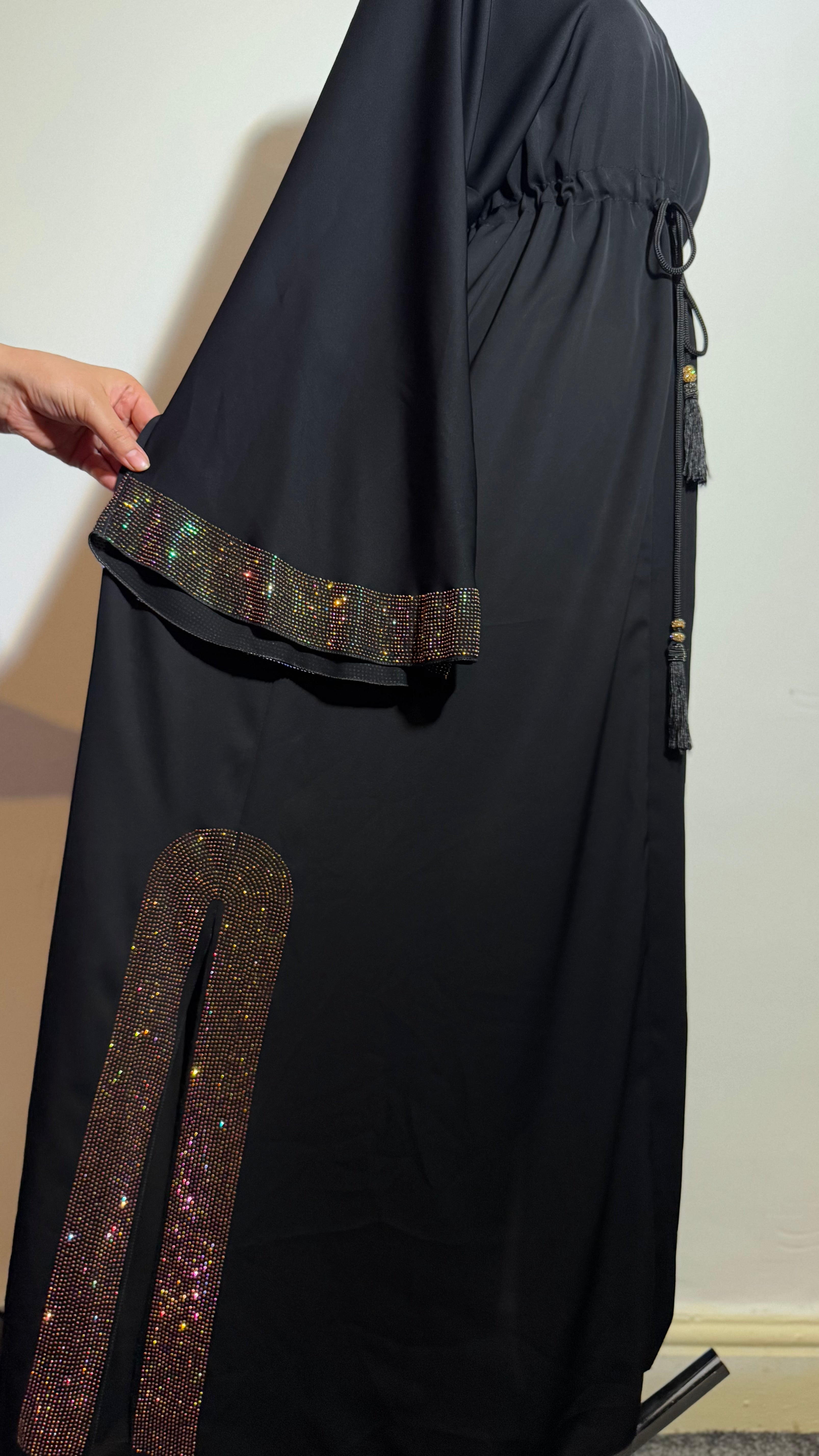 Black Embellished Abaya, Elegant Modest Dress with Drawstring Waist, Sparkle Sleeve Abaya, Evening Wear