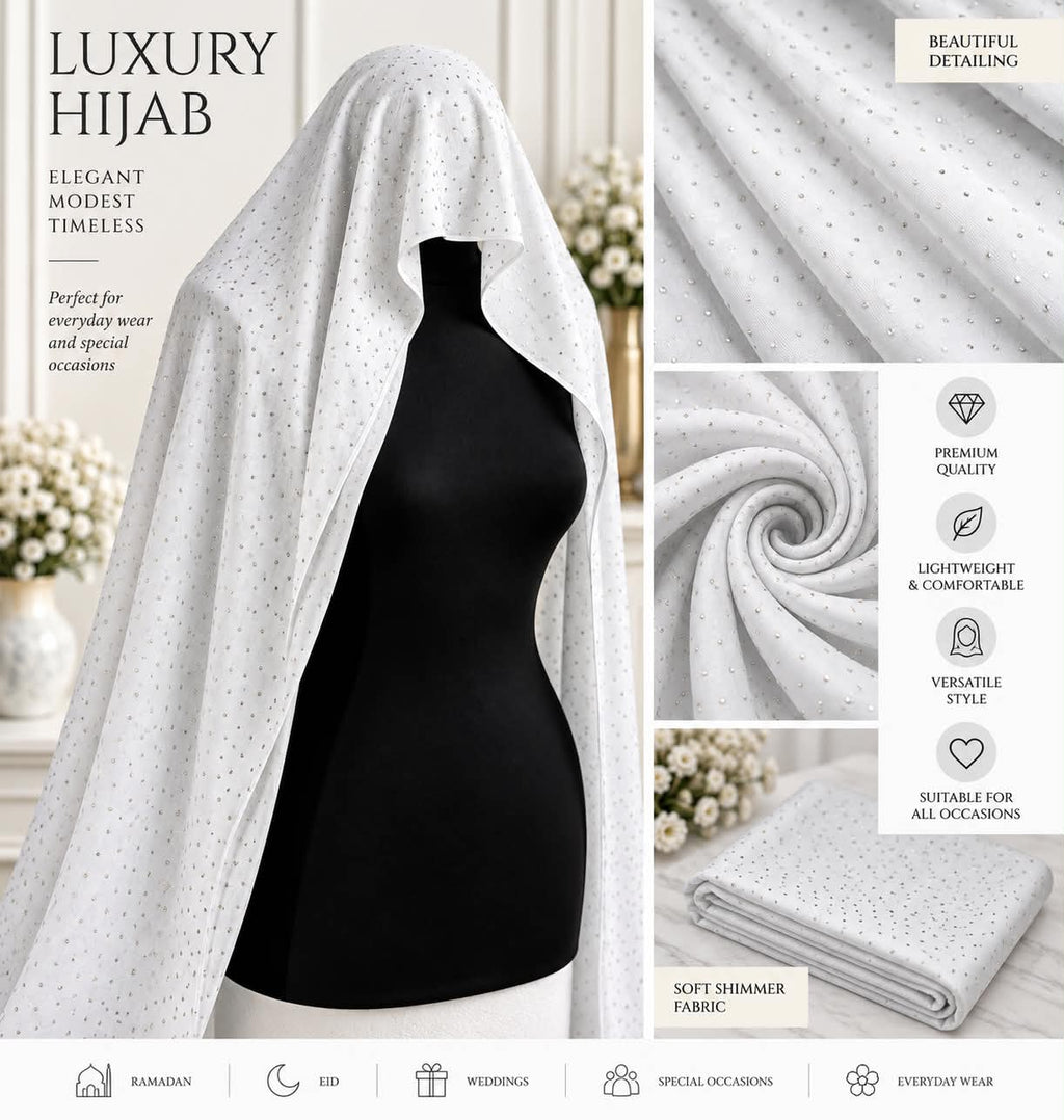 Luxury Shimmer Rhinestone Hijab Scarf  Sparkle Occasion   Everyday Headscarf