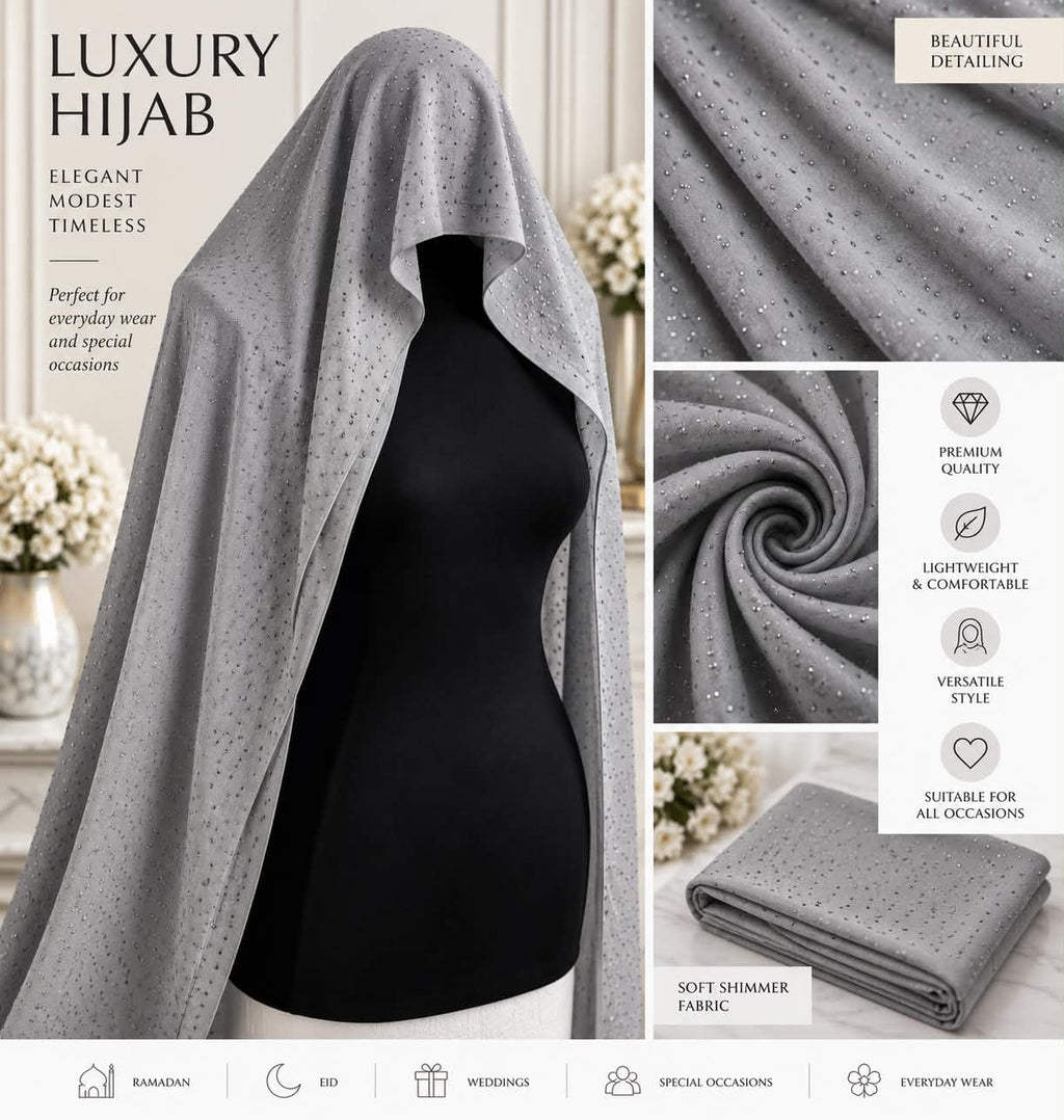 Luxury Shimmer Rhinestone Hijab Scarf  Sparkle Occasion   Everyday Headscarf