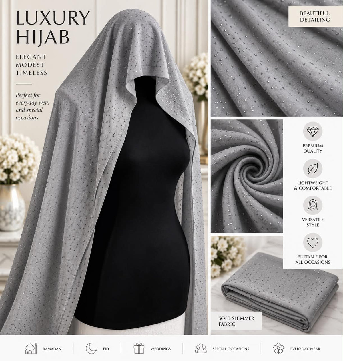 Luxury Shimmer Rhinestone Hijab Scarf  Sparkle Occasion   Everyday Headscarf