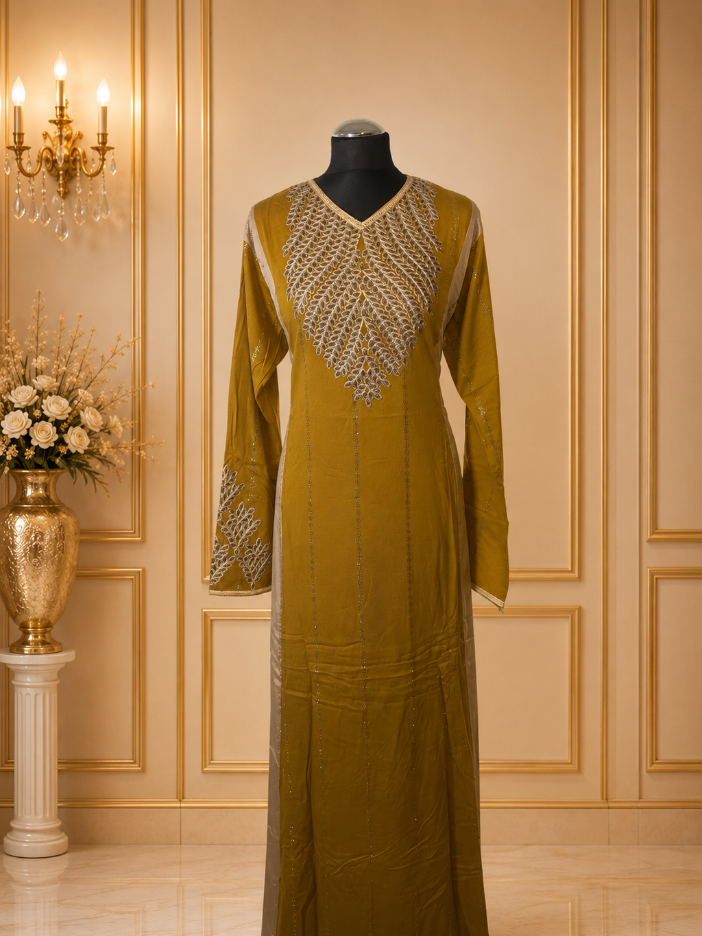 Luxury Embroidered Maxi Dress for Women – Moroccan Kaftan Abaya Long Sleeve Evening Gown with Gold Embellishment