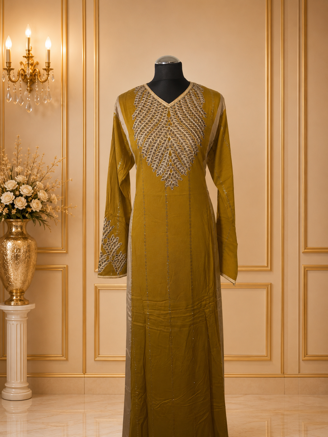 Luxury Embroidered Maxi Dress for Women – Moroccan Kaftan Abaya Long Sleeve Evening Gown with Gold Embellishment
