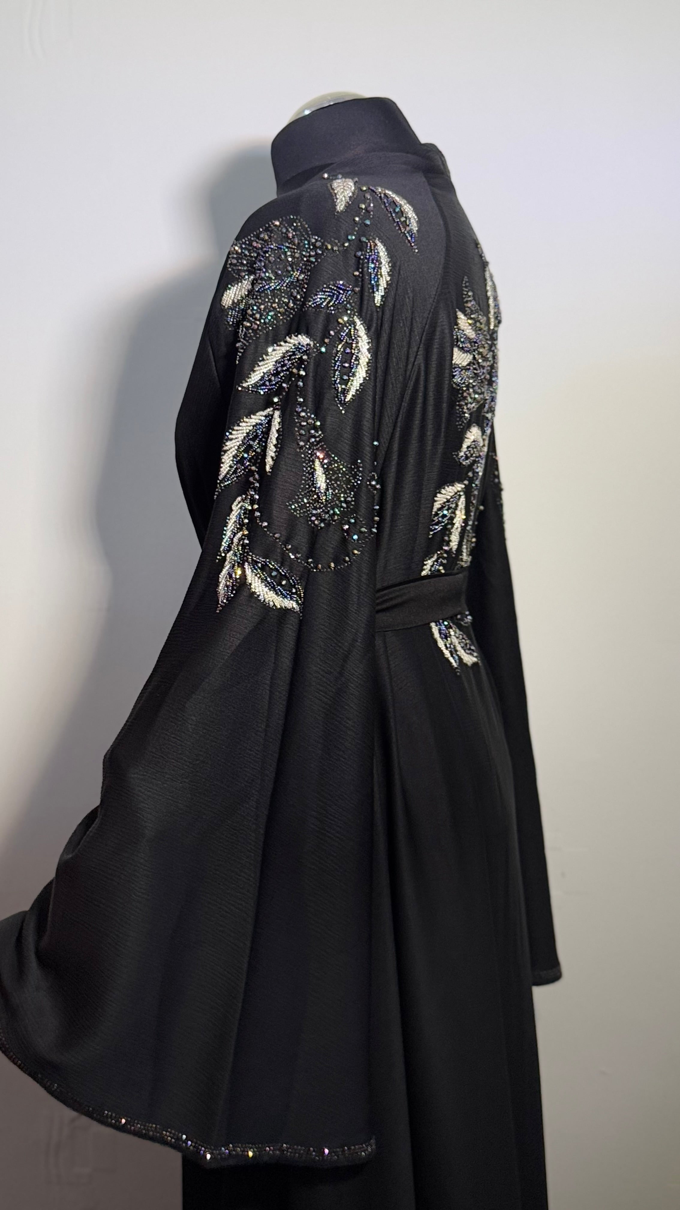 Luxury Black Beaded Abaya Free Size | Elegant Modest Dress | Crystal Embroidered Kaftan | Eid Evening Abaya