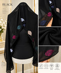 Black Chiffon Hijab with Multicolour Leaf Beadwork  Elegant Embellished Scarf