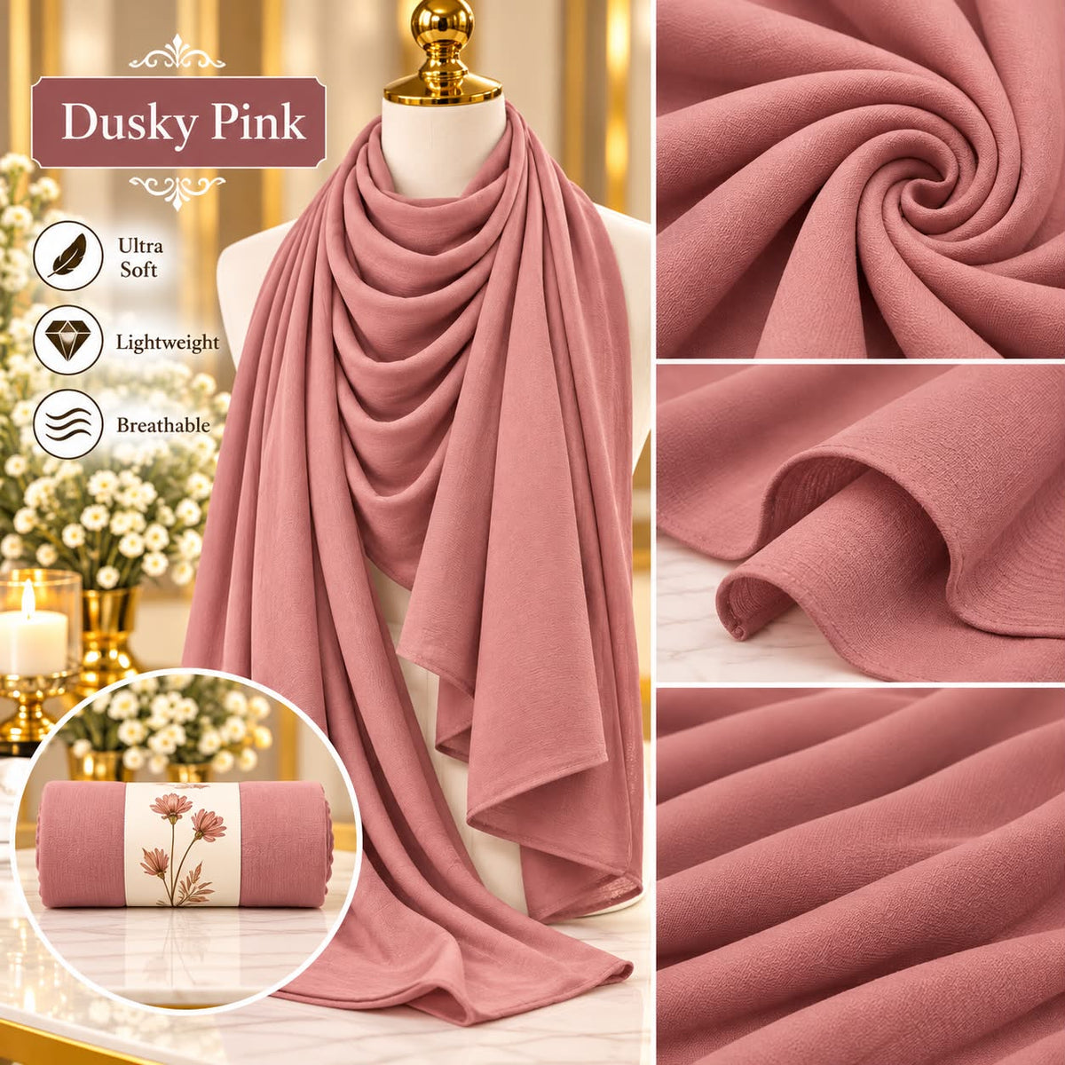 Plain Hijab Scarf Soft Lightweight Everyday Headscarf Elegant Muslim Women’s Hijab