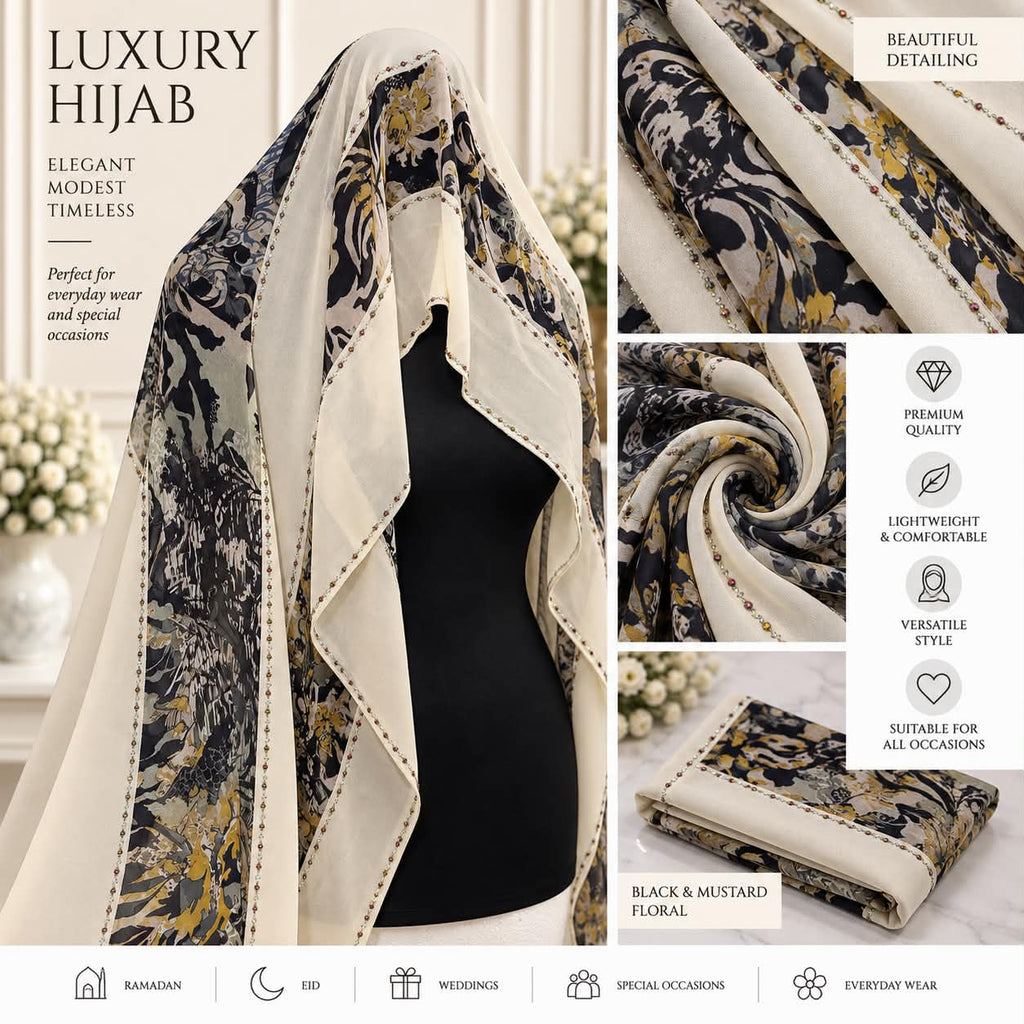 Luxury Two-Tone Crystal Hijab Scarf Elegant Sparkle Edge Occasion  Everyday Shawl