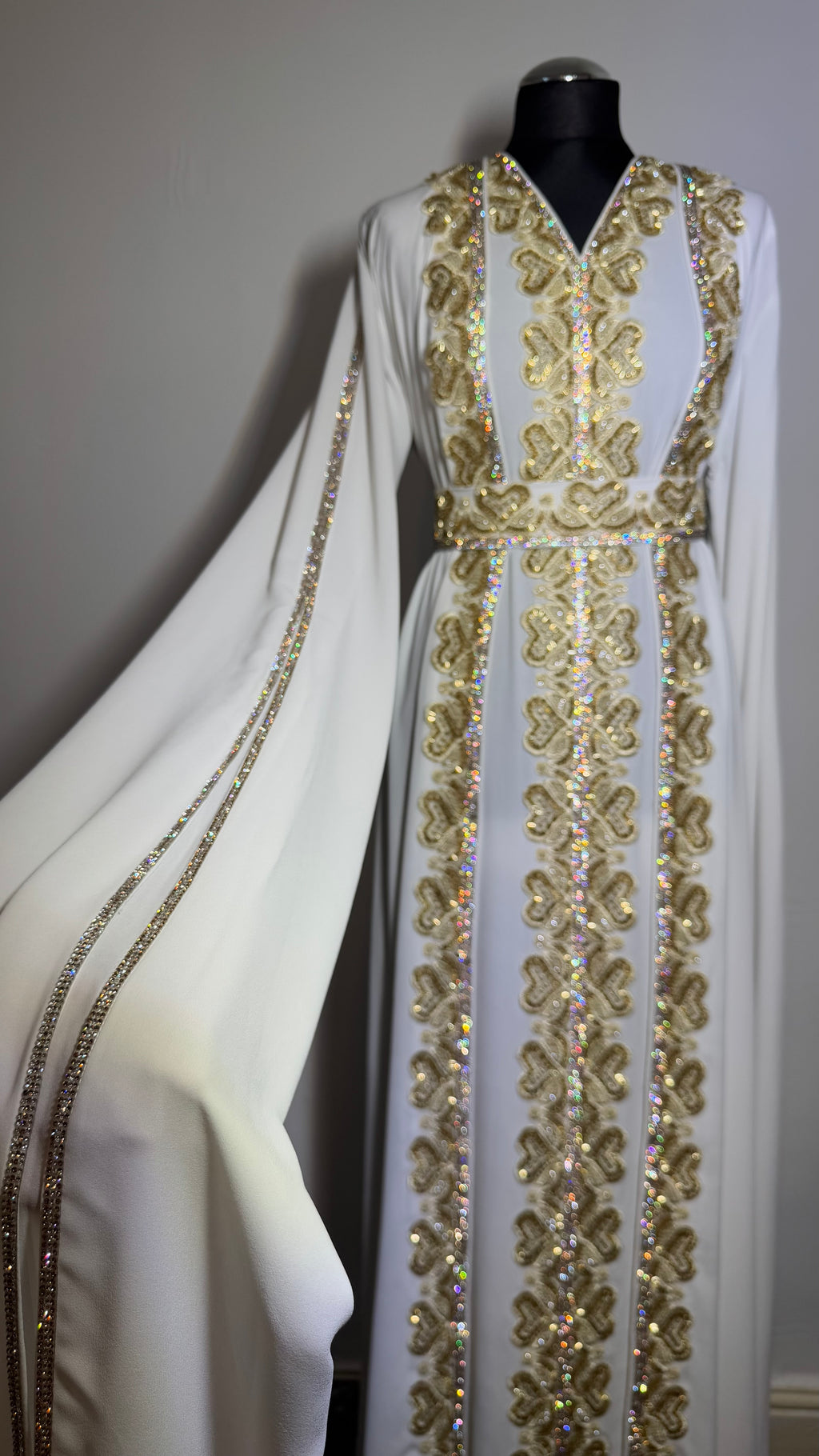 Ivory Gold Kaftan – White Kaftan Dress, Luxury Eid Wedding Outfit, Modest Maxi Dress
