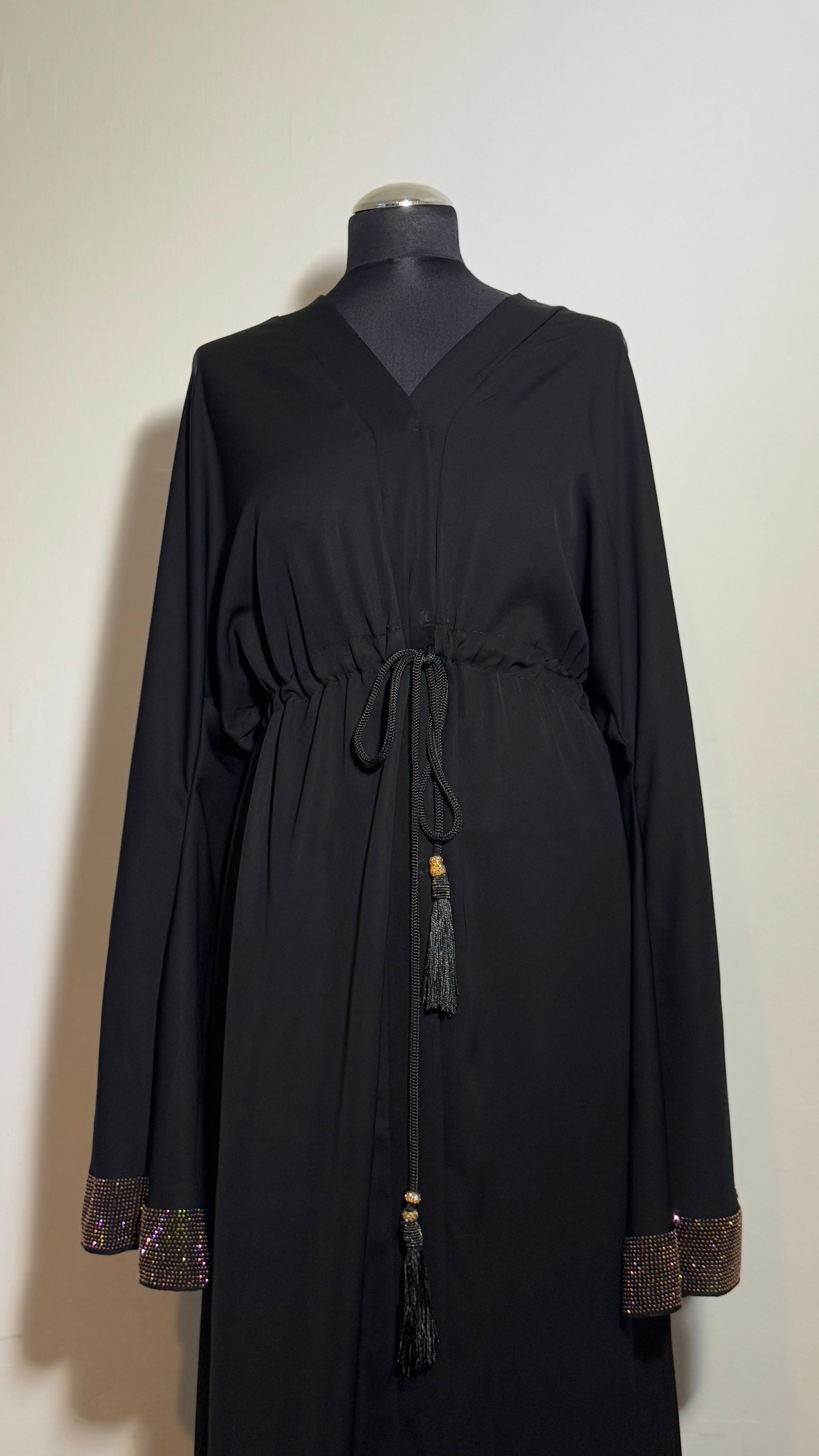 Black Embellished Abaya, Elegant Modest Dress with Drawstring Waist, Sparkle Sleeve Abaya, Evening Wear