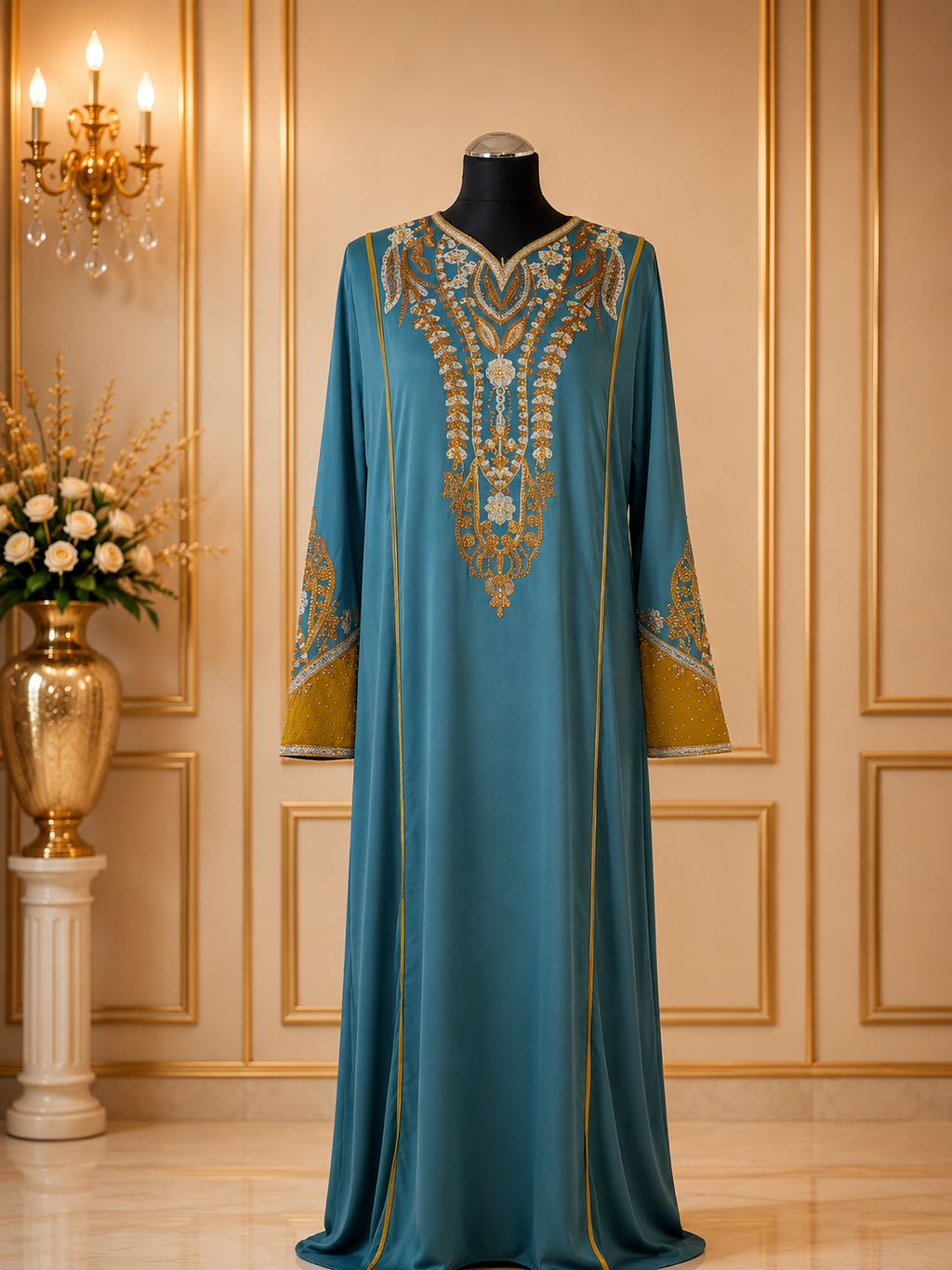 Luxury Embroidered Jalabiya Maxi Dress for Women – Dubai Kaftan Abaya Arabic Evening Dress – Modest Party & Eid Wear
