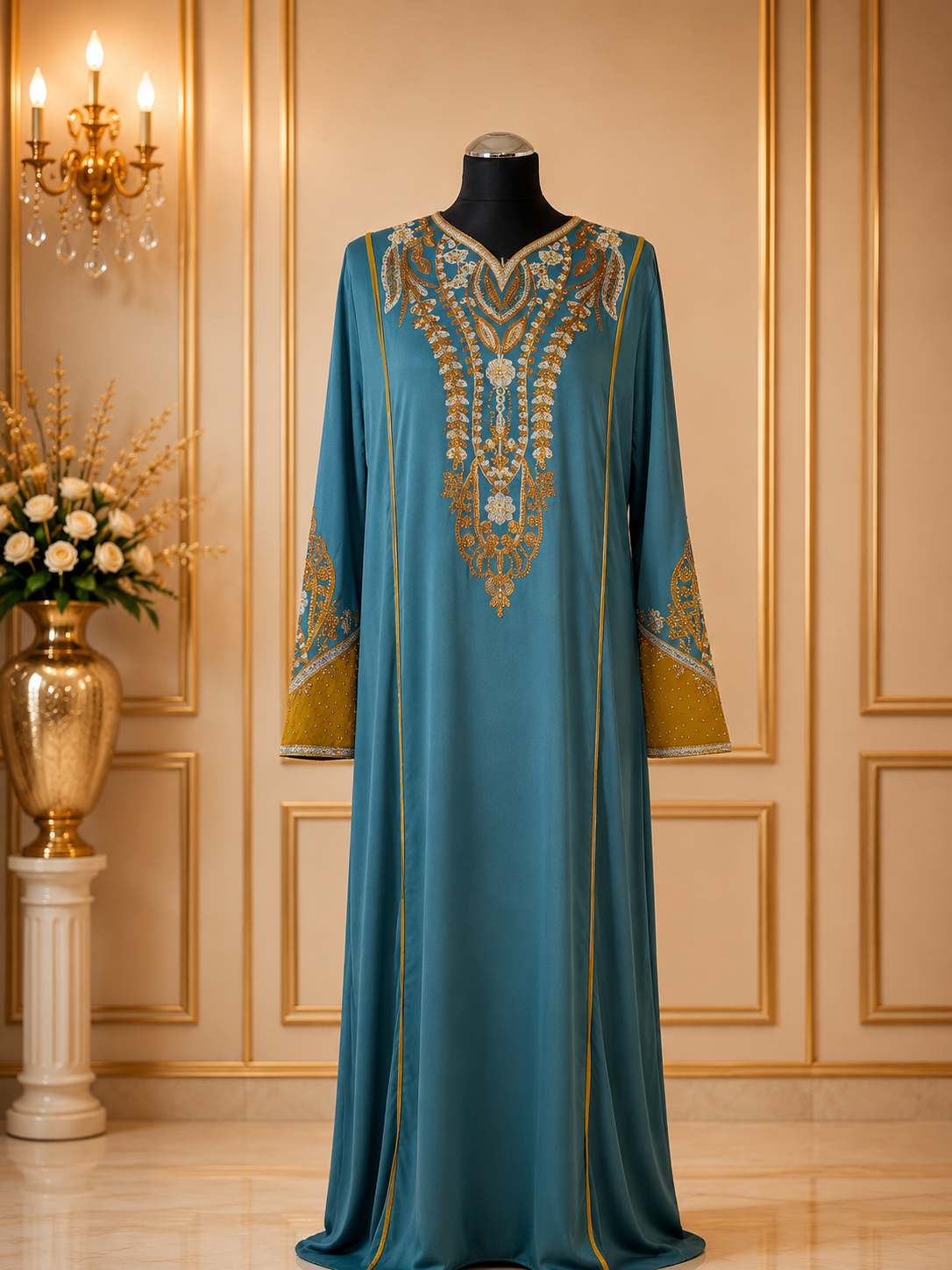 Luxury Embroidered Jalabiya Maxi Dress for Women – Dubai Kaftan Abaya Arabic Evening Dress – Modest Party & Eid Wear