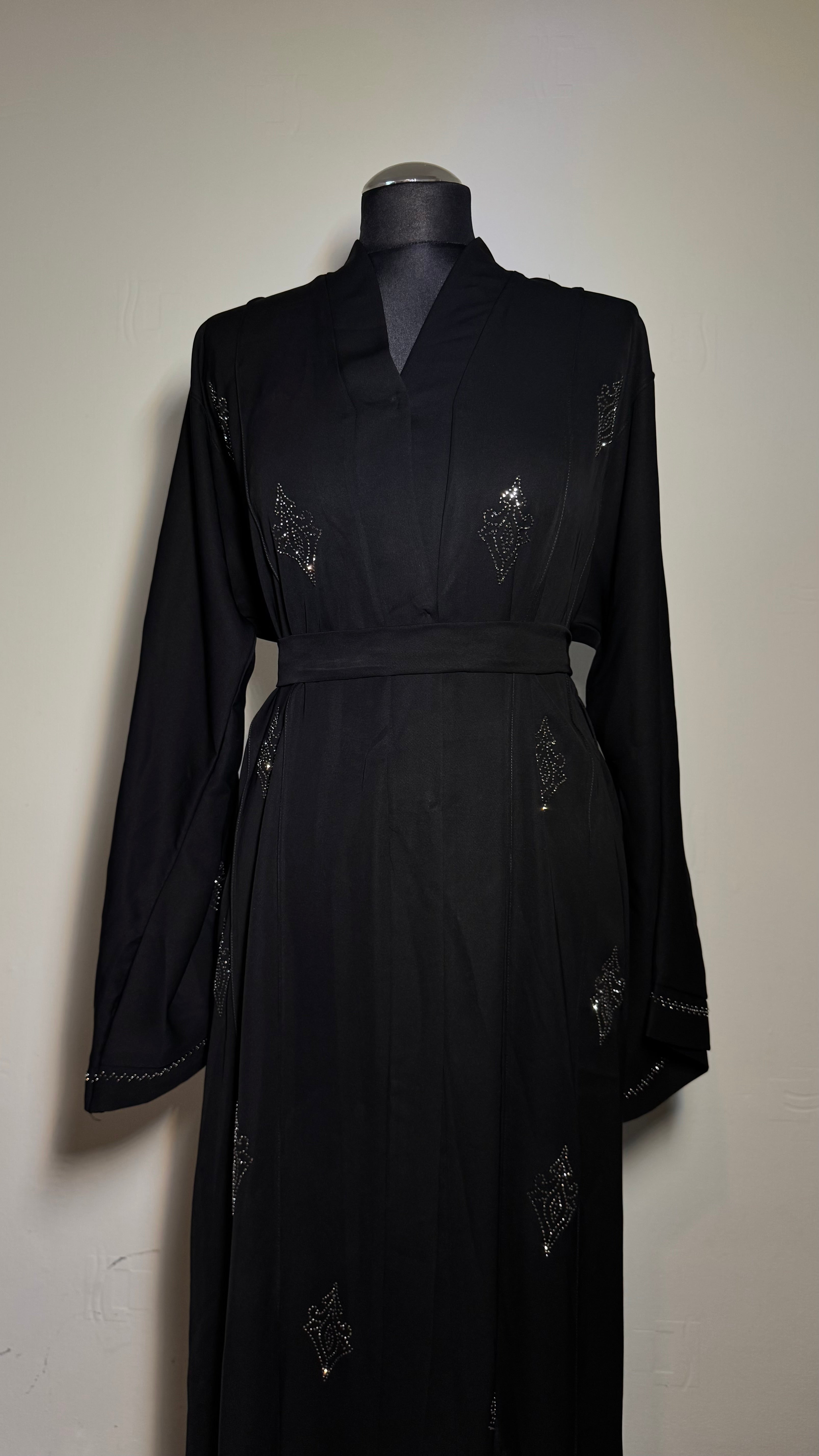 Elegant Abaya with Crystal Detail, Long Sleeve, Belted