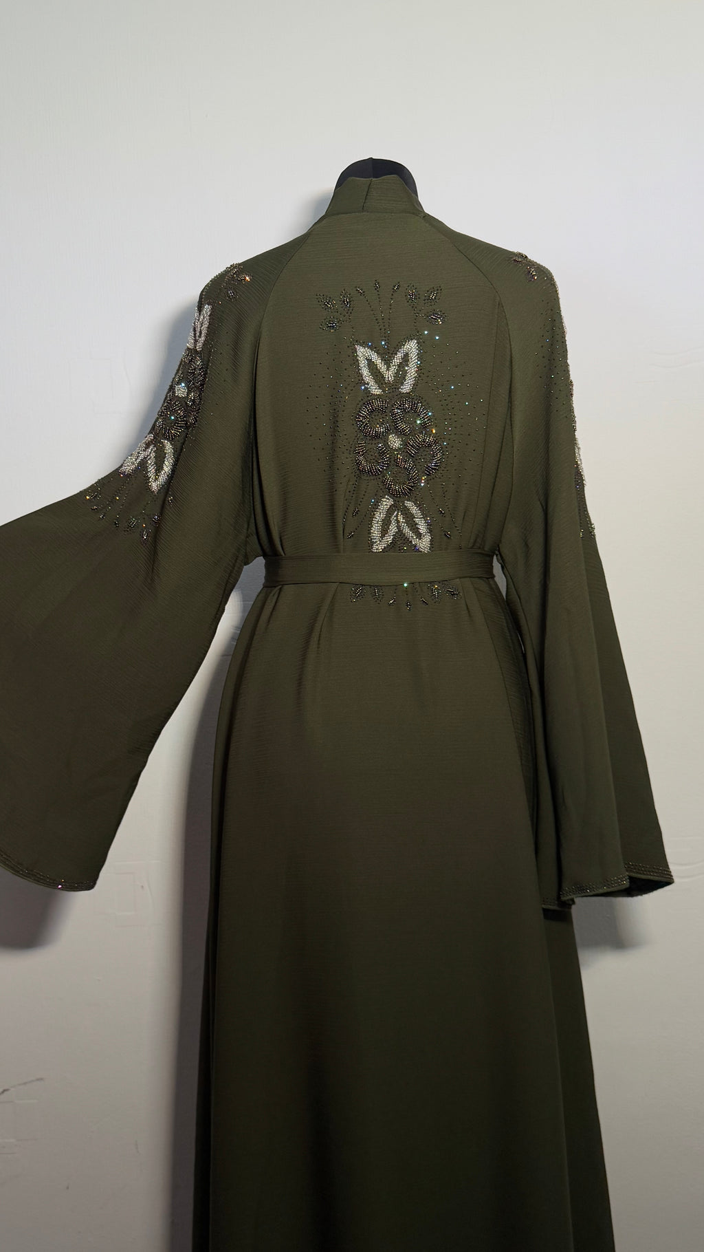 Olive Green Crystal Abaya Free Size | Elegant Beaded Modest Dress | Luxury Kaftan with Back & Sleeve Detail | Eid Evening Wear