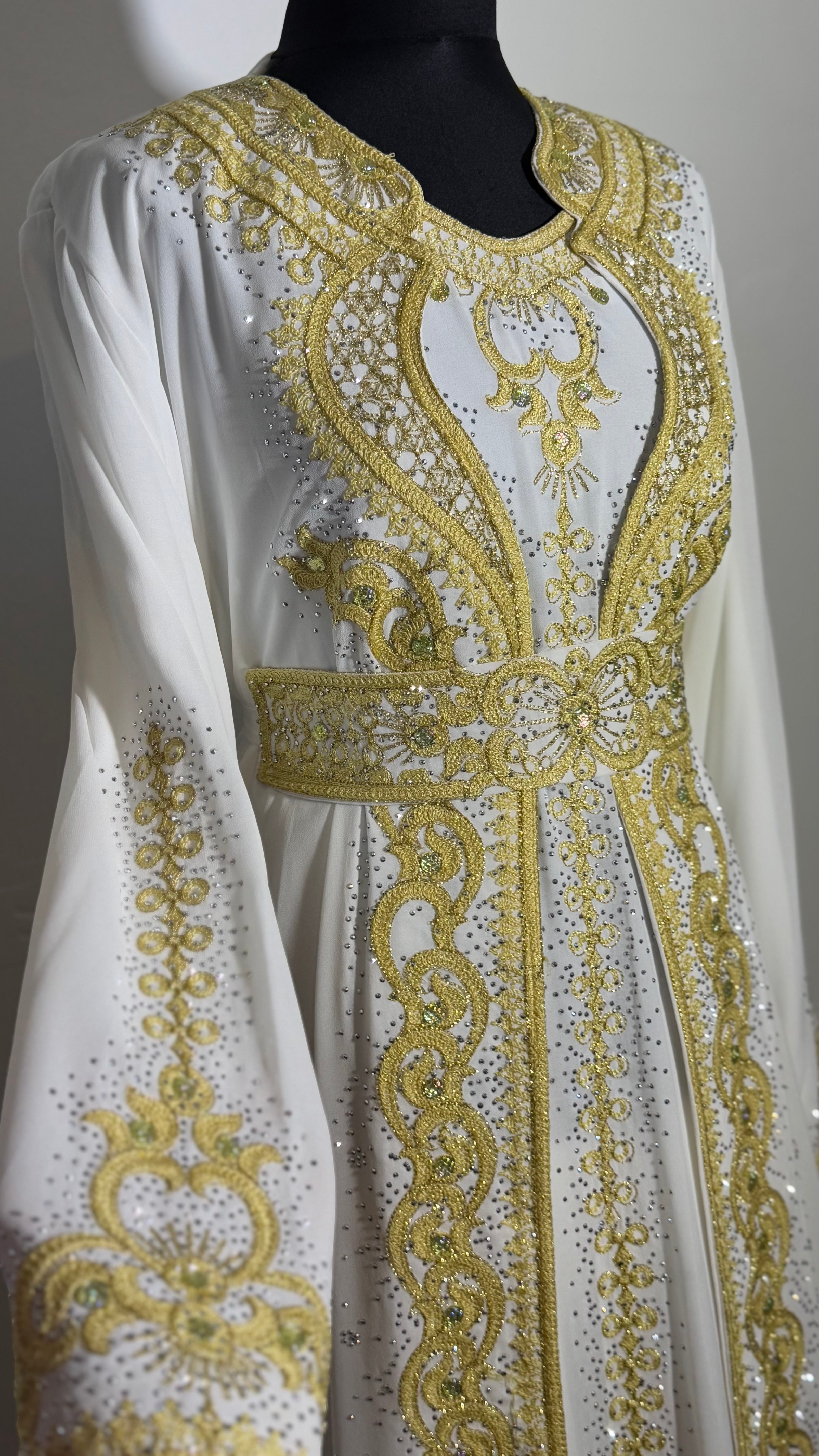 Luxury White & Gold Kaftan | Hand Embellished Moroccan Dress | Elegant Eid Wedding Abaya | Modest Maxi Dress with Belt