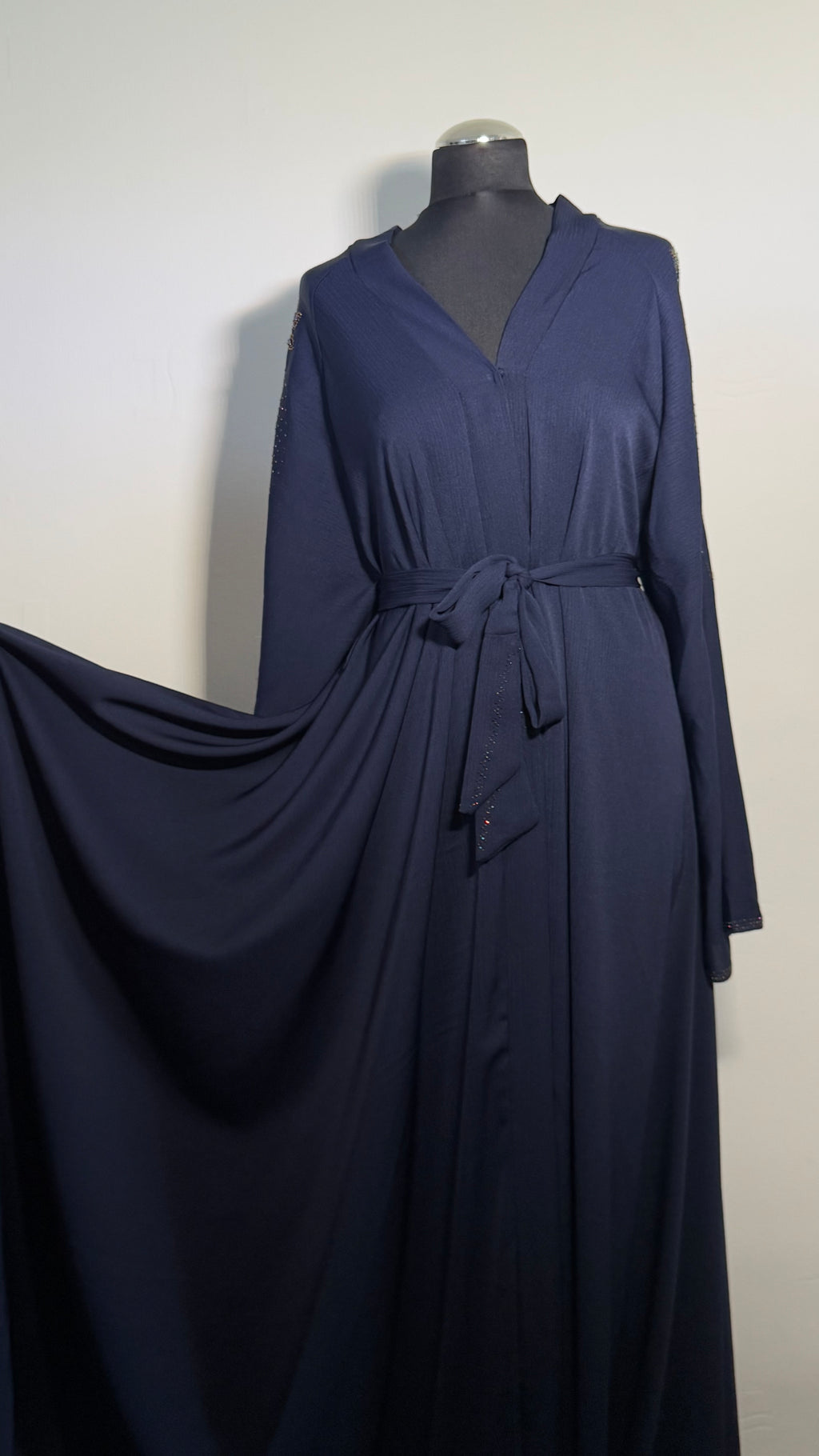 Navy Blue Crystal Abaya Free Size | Elegant Beaded Modest Dress | Luxury Kaftan with Back Sleeve Detail | Eid & Evening Wear