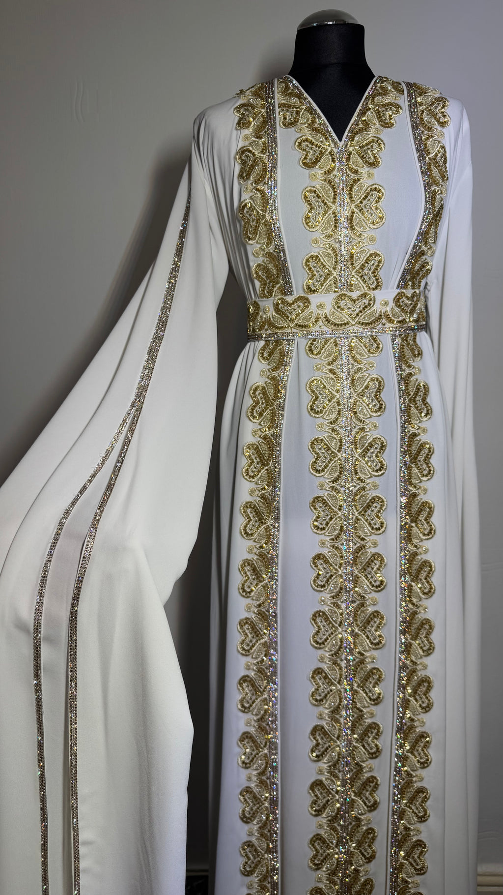 Ivory Gold Kaftan – White Kaftan Dress, Luxury Eid Wedding Outfit, Modest Maxi Dress