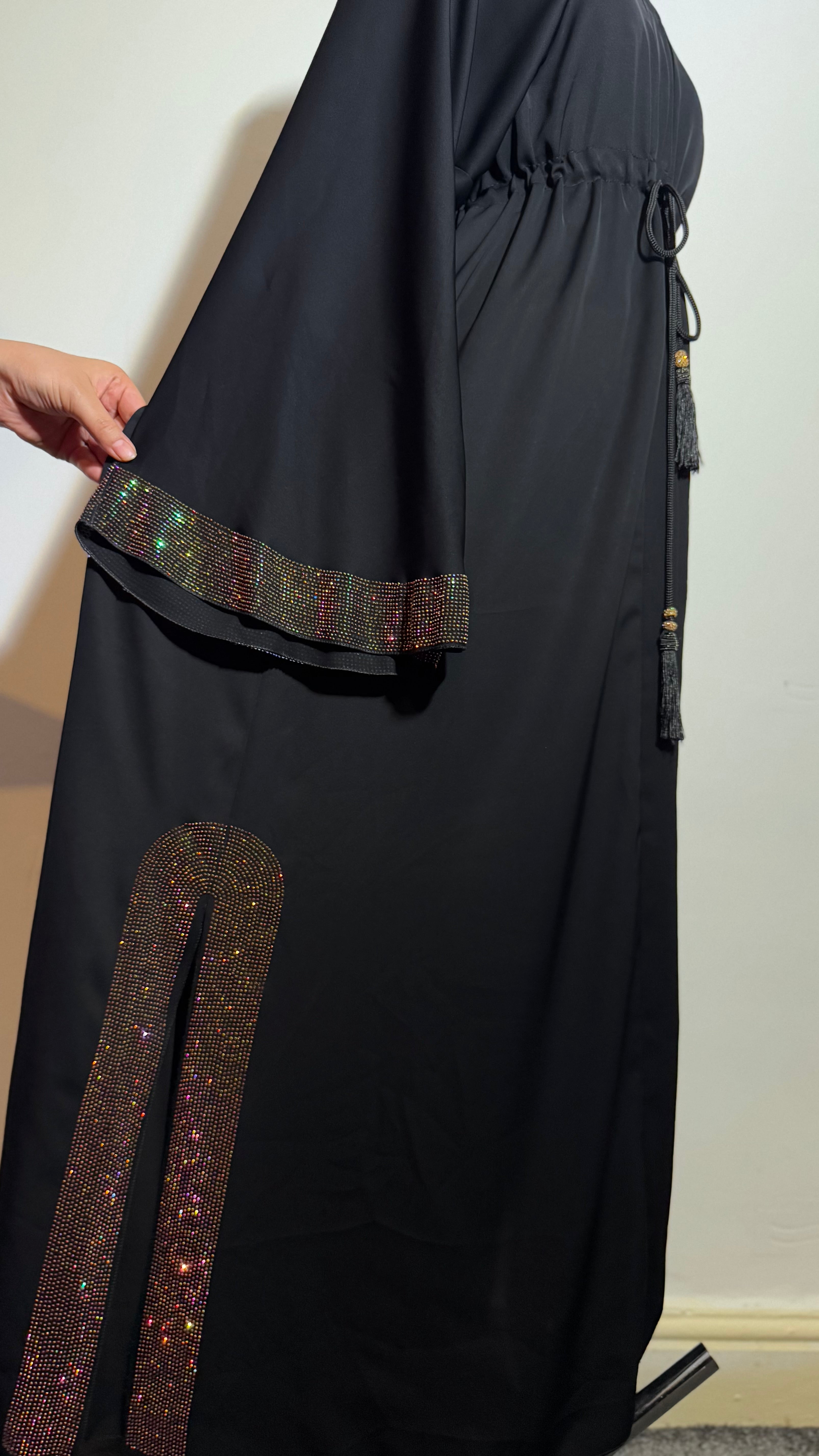 Black Embellished Abaya, Elegant Modest Dress with Drawstring Waist, Sparkle Sleeve Abaya, Evening Wear