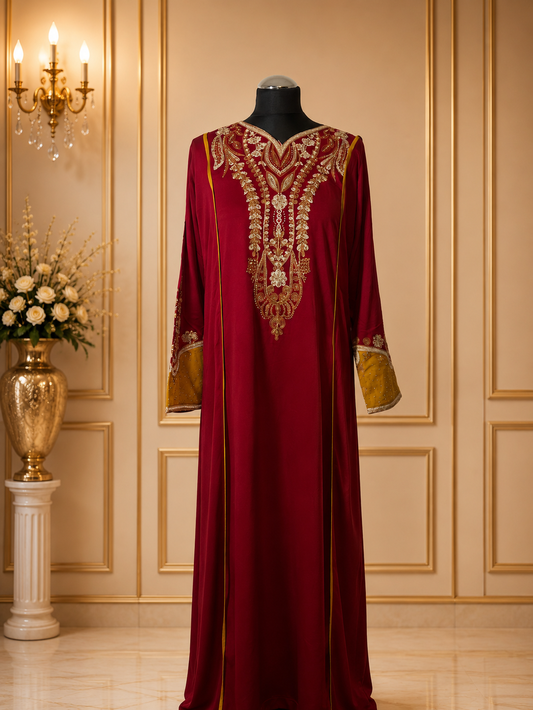 Luxury Embroidered Jalabiya Maxi Dress for Women – Dubai Kaftan Abaya Arabic Evening Dress – Modest Party & Eid Wear
