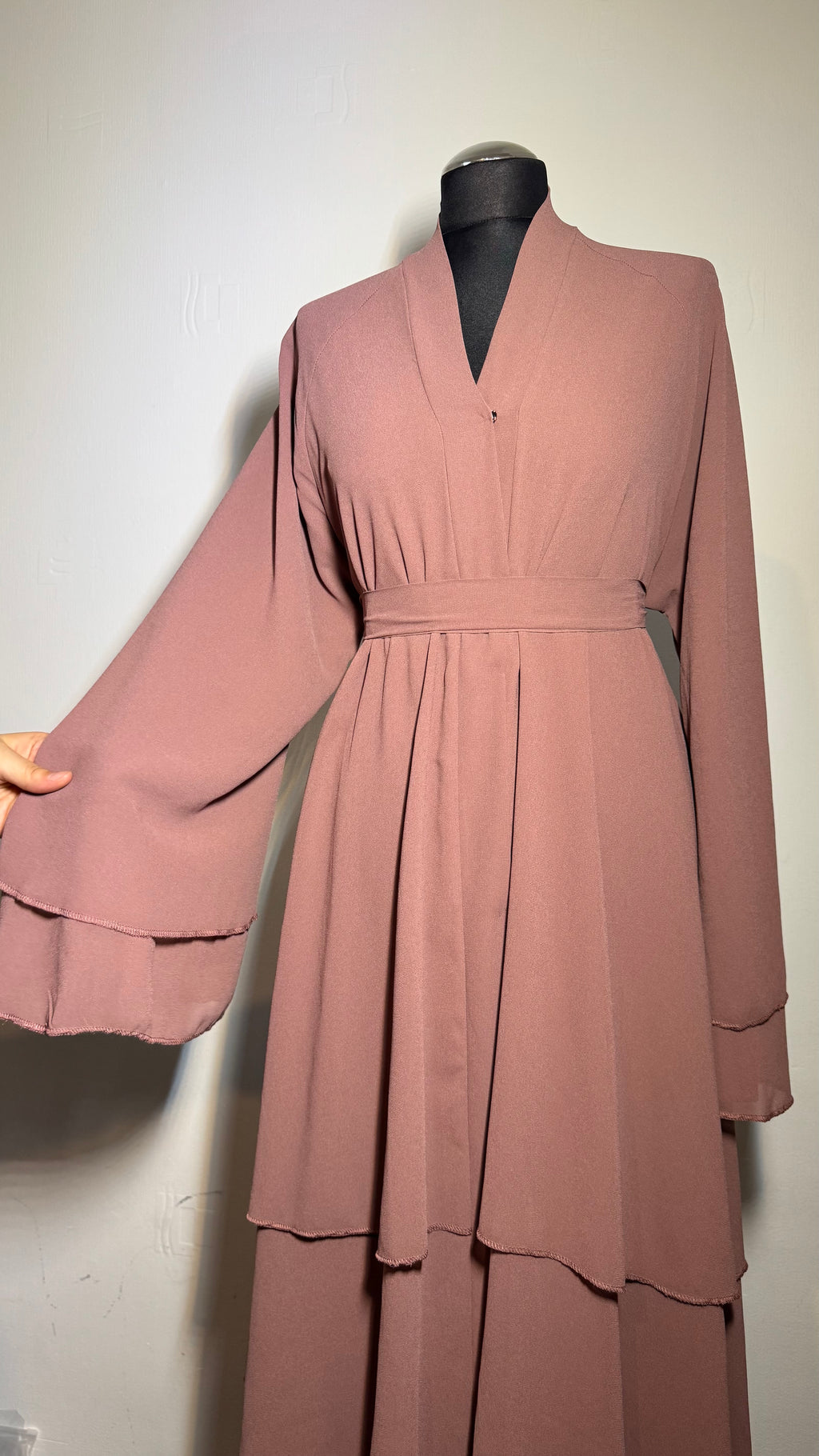 Dress for Women – Chiffon Abaya with Layered Sleeves, Leopard Print, Dusty Rose & Black, Free Size