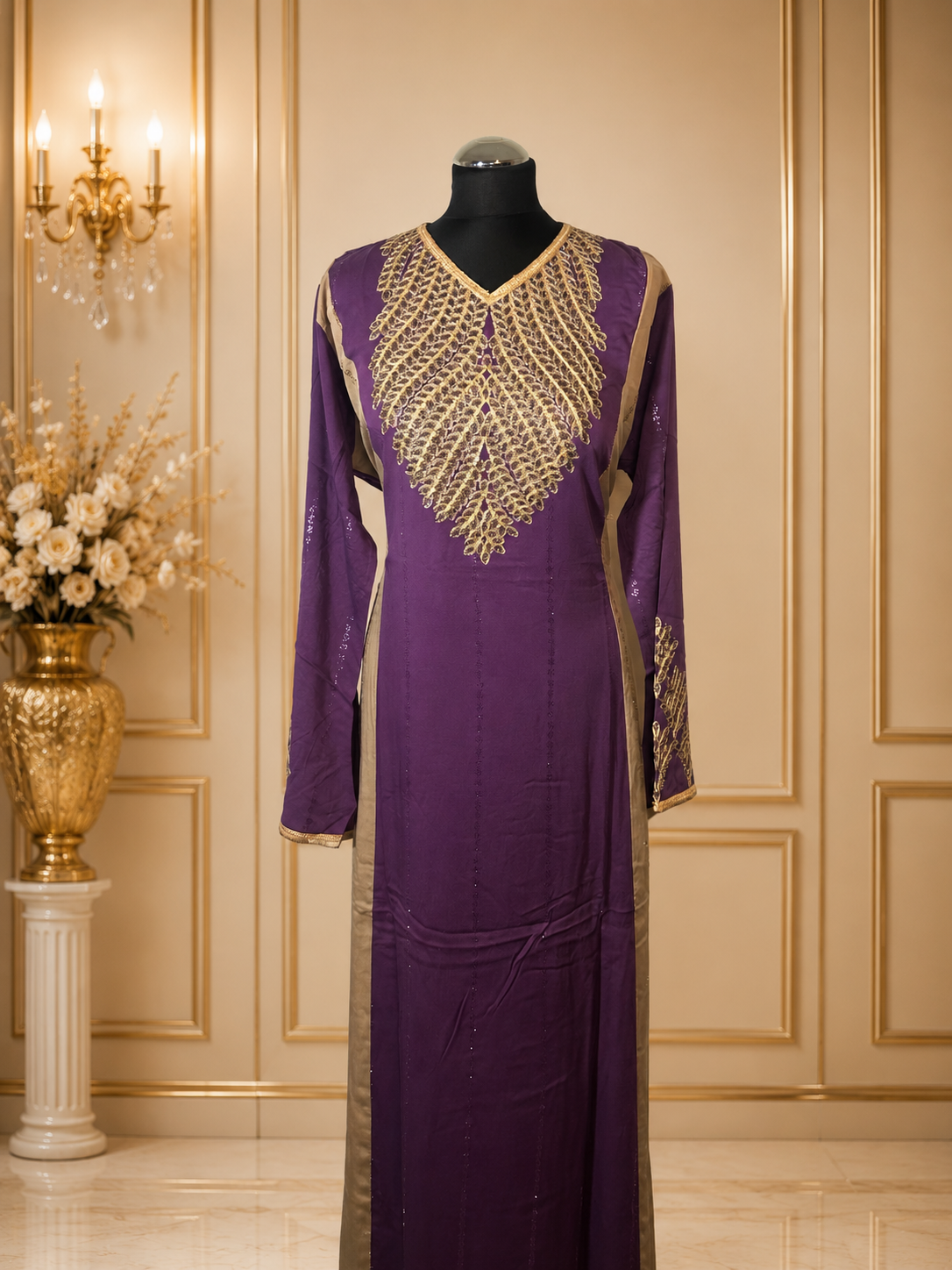 Luxury Embroidered Maxi Dress for Women – Moroccan Kaftan Abaya Long Sleeve Evening Gown with Gold Embellishment