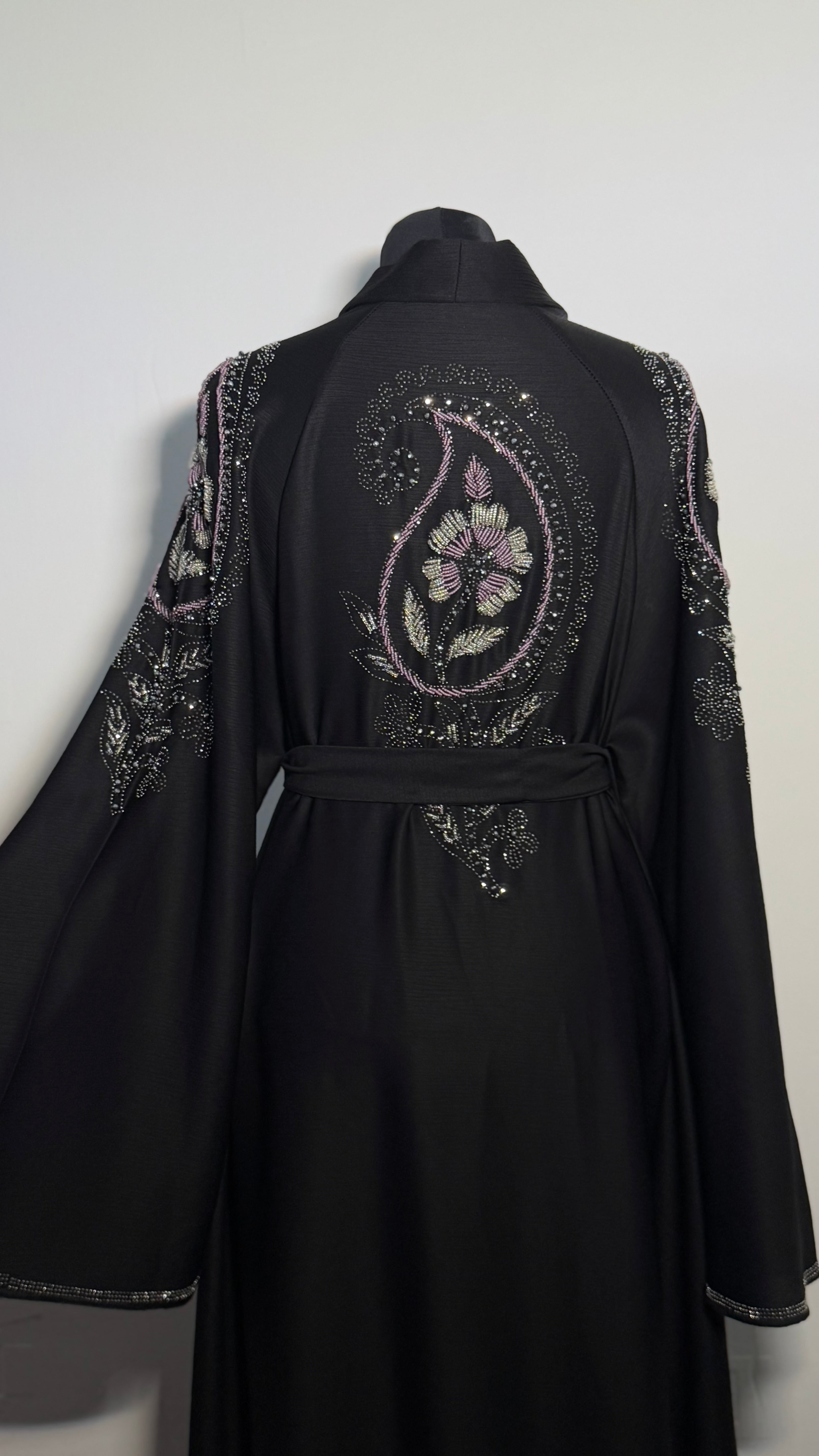Luxury Black Beaded Abaya Free Size | Elegant Modest Dress | Crystal Embroidered Kaftan | Eid Evening Abaya