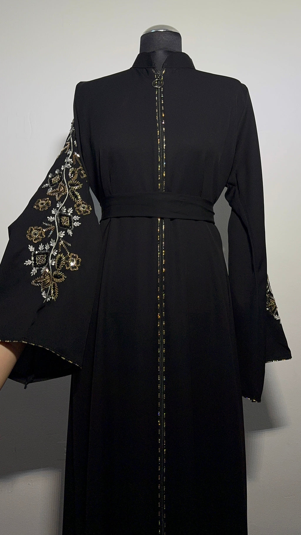 Black Embroidered Abaya | Elegant Modest Dress with Statement Sleeve | Evening Eid Outfit