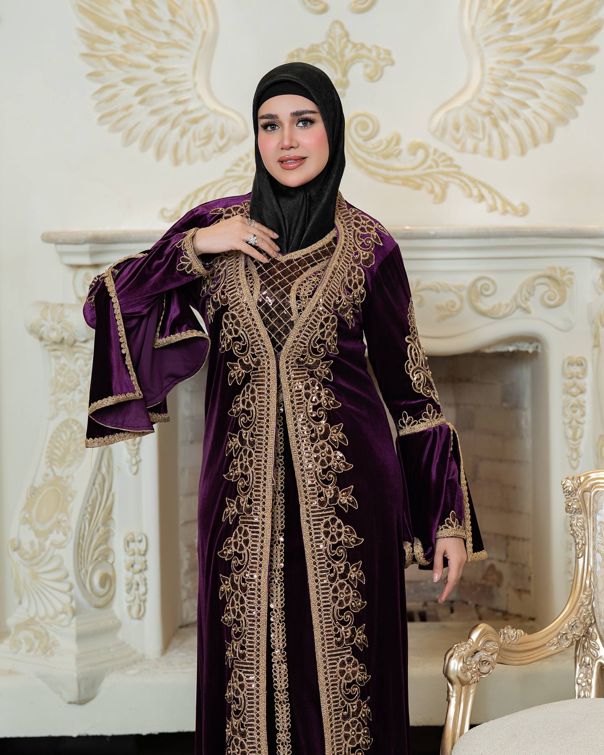 Luxury Qadifa Kaftan Dress | Embroidered & Crystal Detail | Modest Islamic Evening Wear for Wedding  Eid