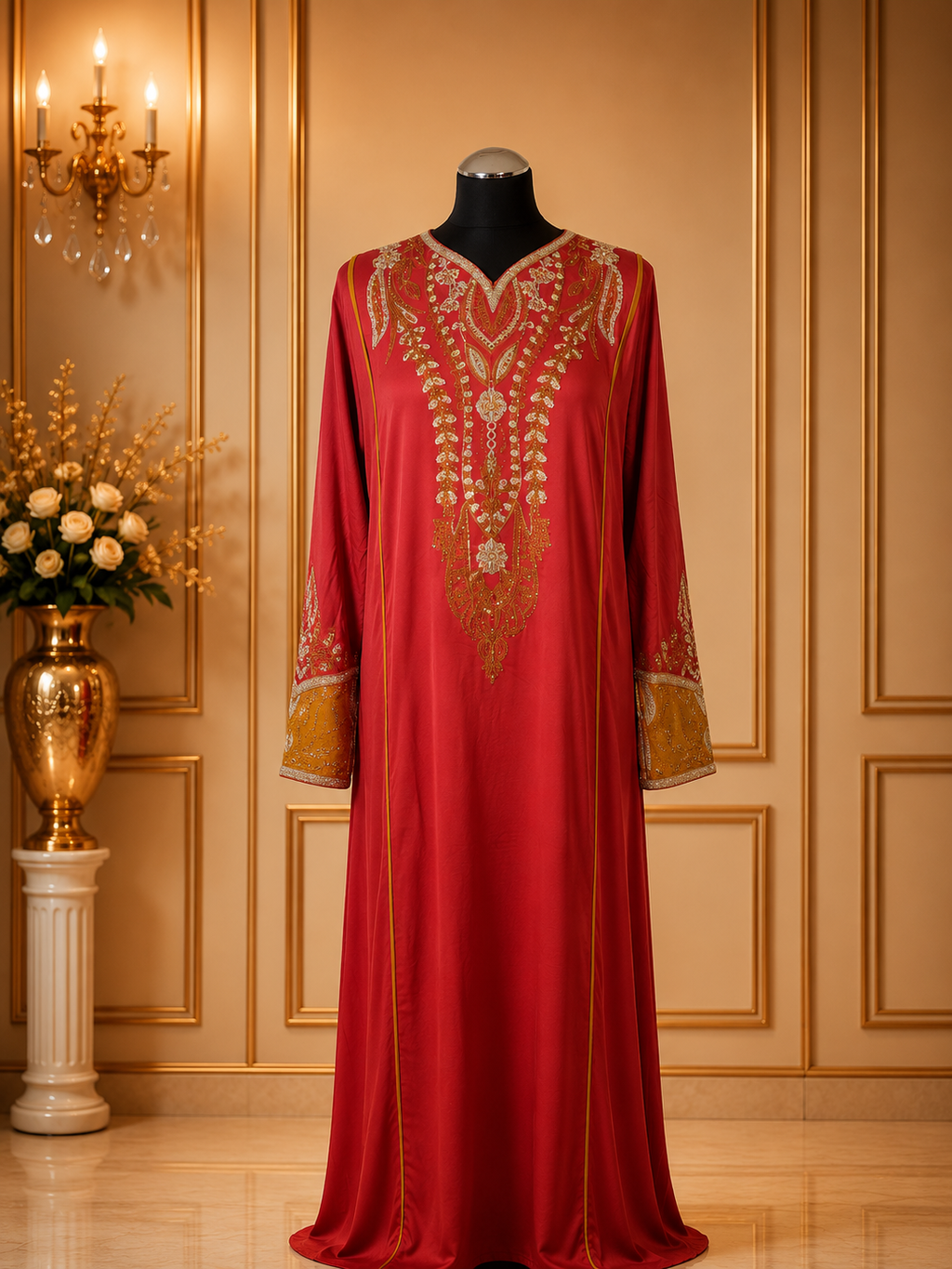 Luxury Embroidered Jalabiya Maxi Dress for Women – Dubai Kaftan Abaya Arabic Evening Dress – Modest Party & Eid Wear