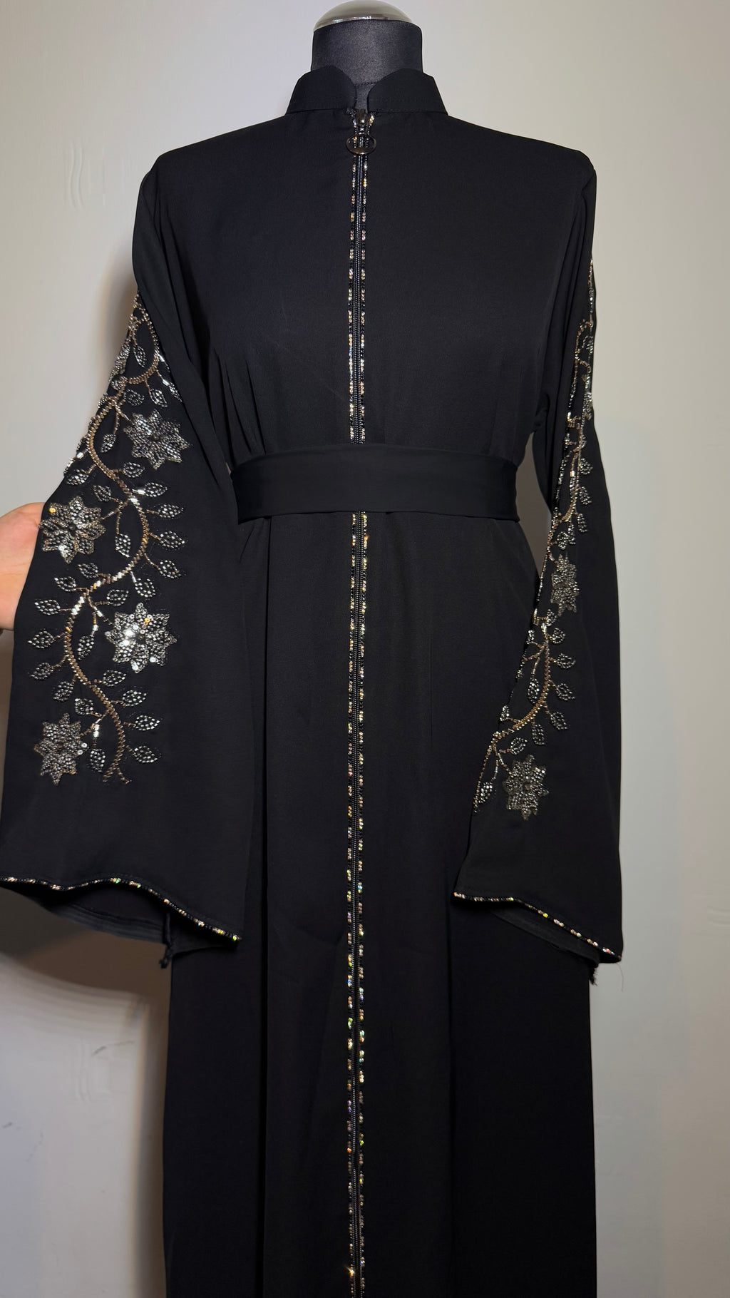 Embroidered Abaya –  Black Abaya with Crystal Sleeves, Zip Front, Luxury Eid Dress
