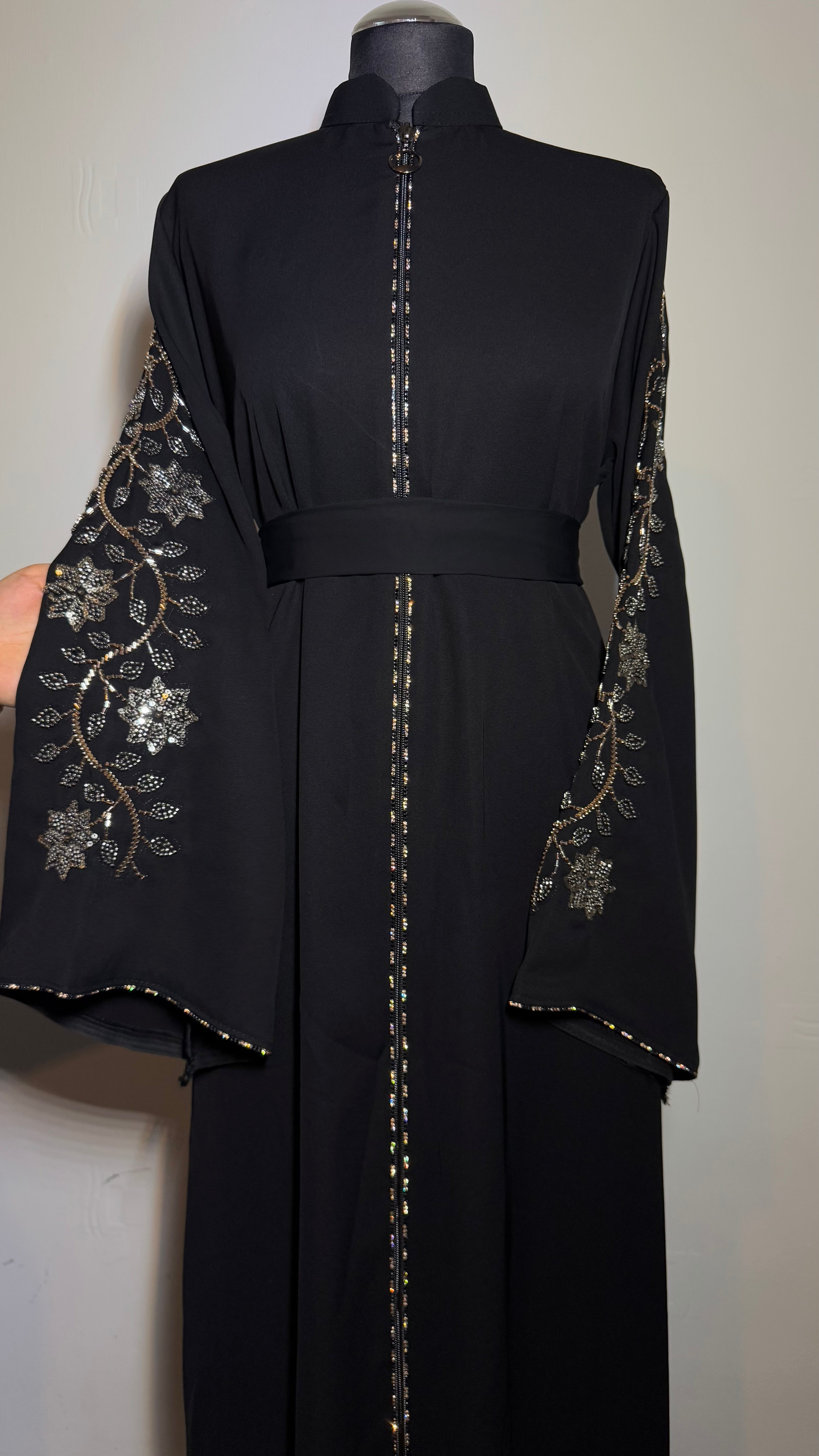 Embroidered Abaya –  Black Abaya with Crystal Sleeves, Zip Front, Luxury Eid Dress